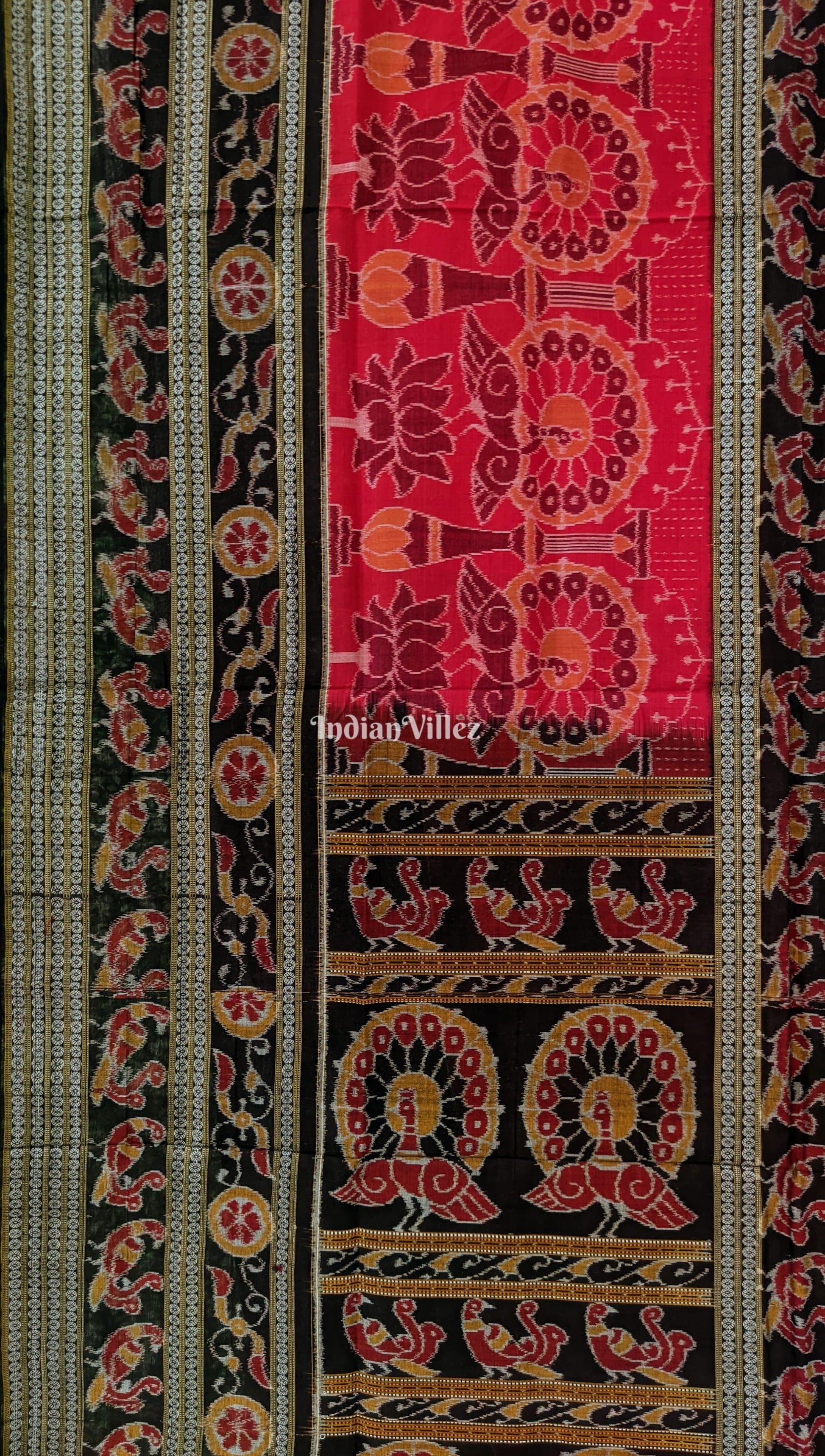 Red Lotus & Peacock Design Sambalpuri Pure Cotton Saree