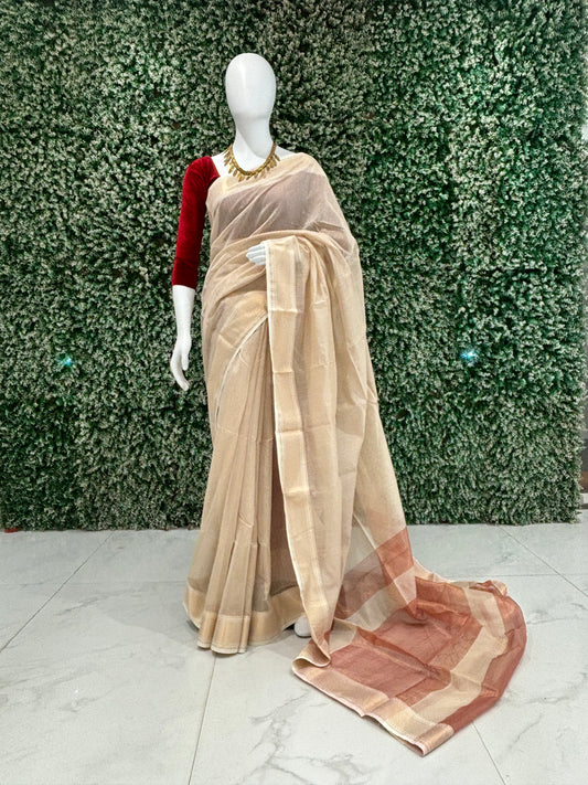 Off White Maheshwari Handloom Cotton * Silk Saree