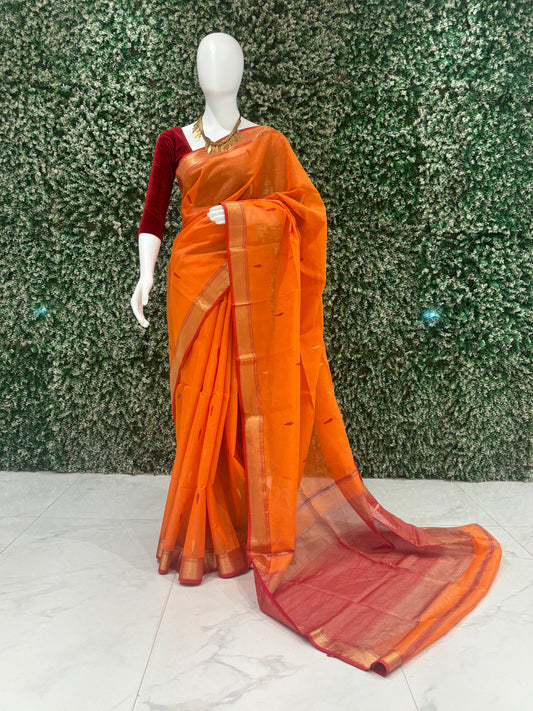 Orange Maroon Butta Design Pure Silk Cotton Maheshwari Saree with Zari Border