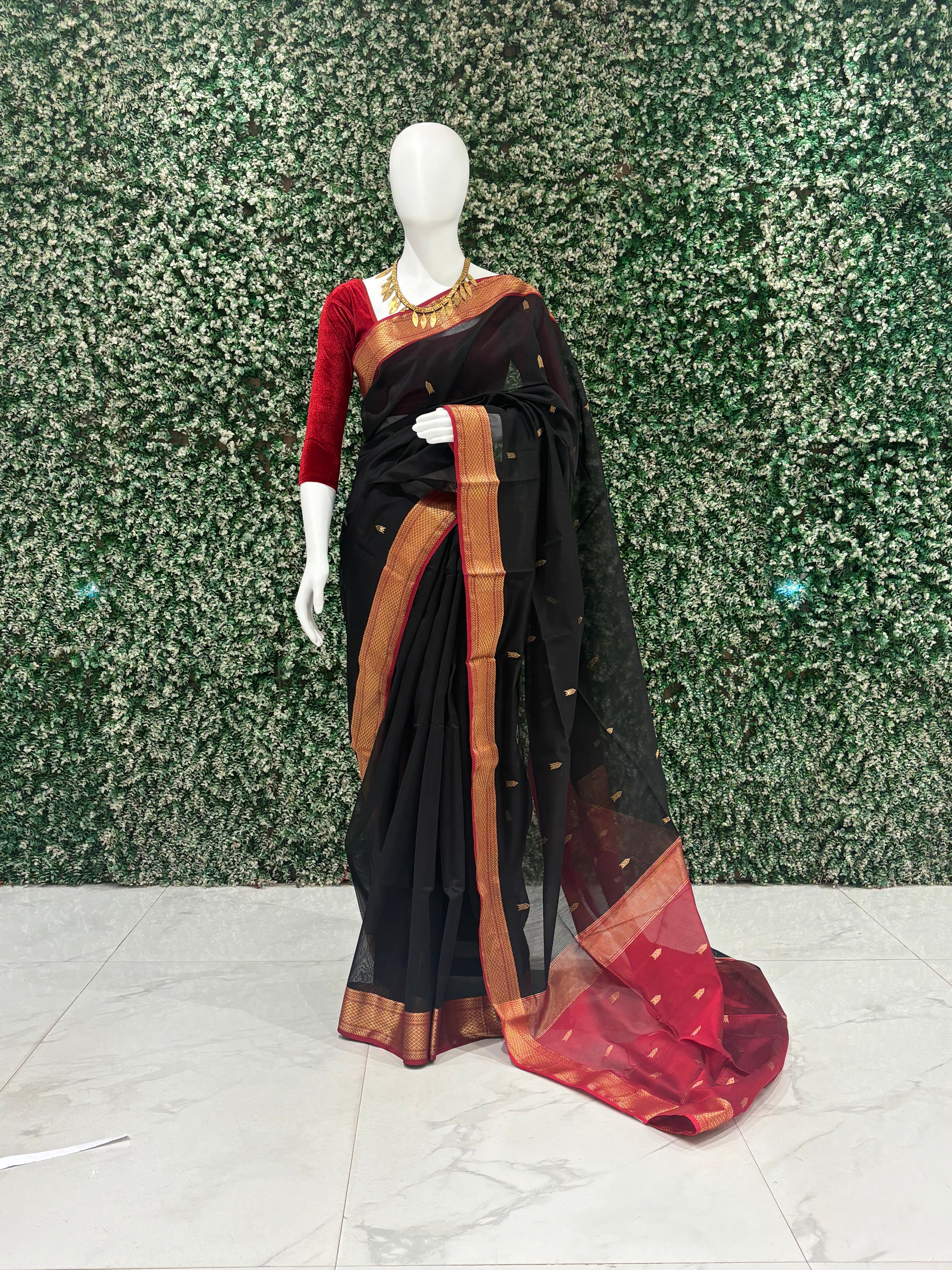 Black Arrow Butta Design Maheshwari Handloom Cotton*Silk Saree