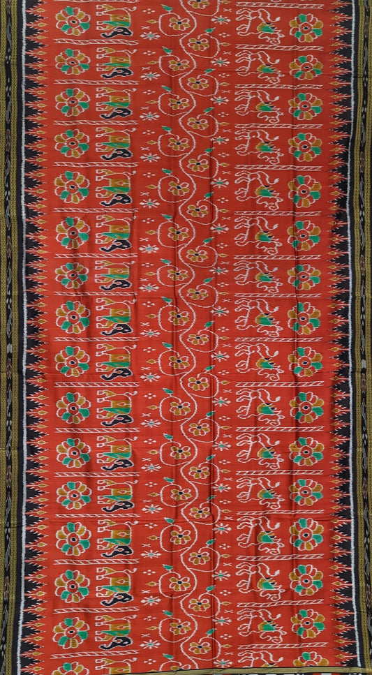 Red Wild Animal Theme Odisha Ikat Khandua Silk Saree