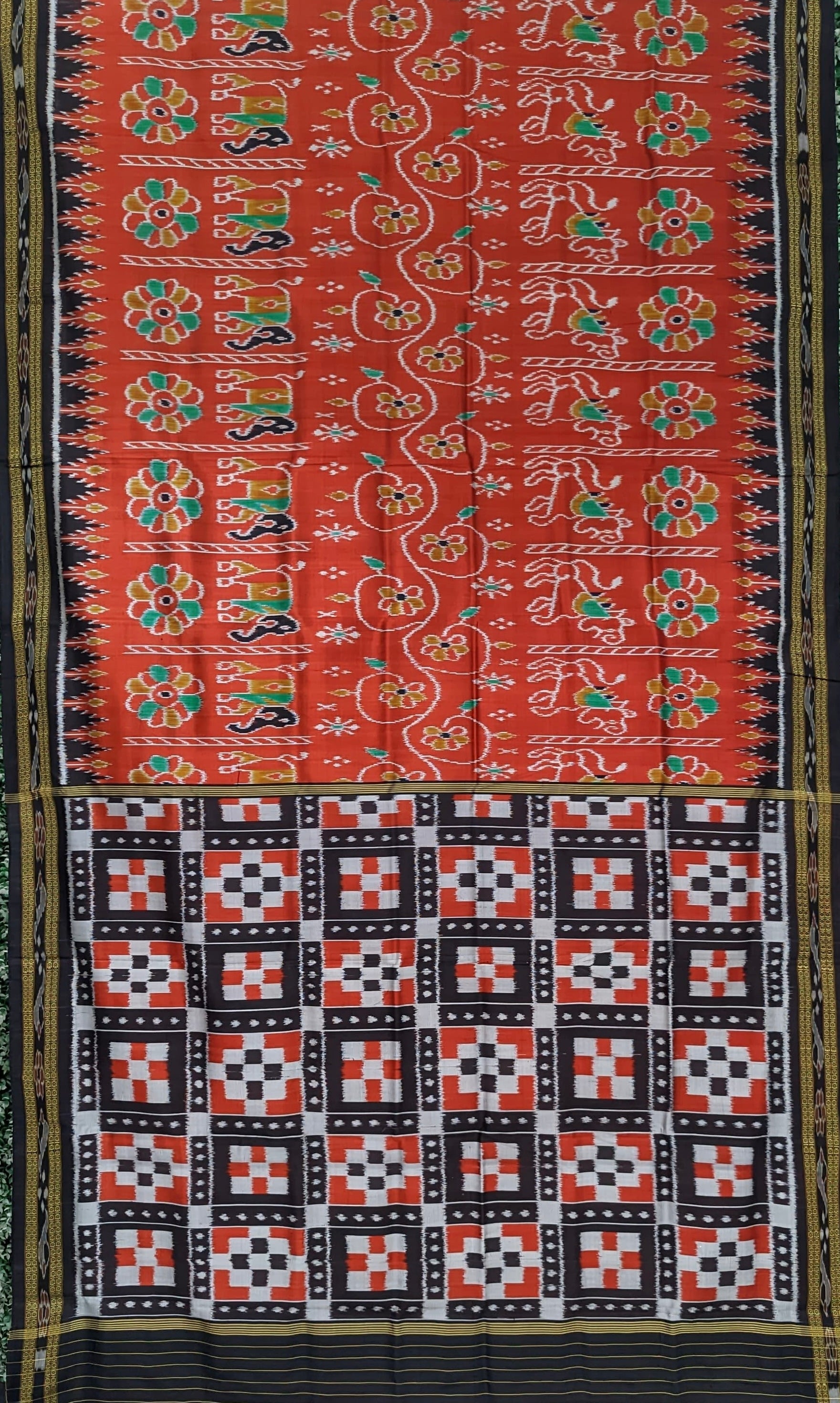 Red Wild Animal Theme Odisha Ikat Khandua Silk Saree