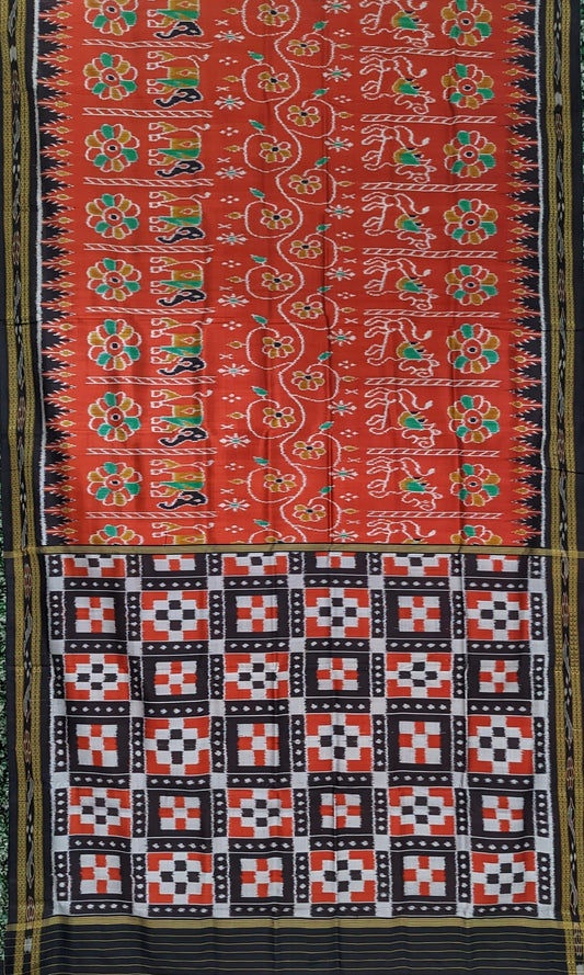 Red Wild Animal Theme Odisha Ikat Khandua Silk Saree