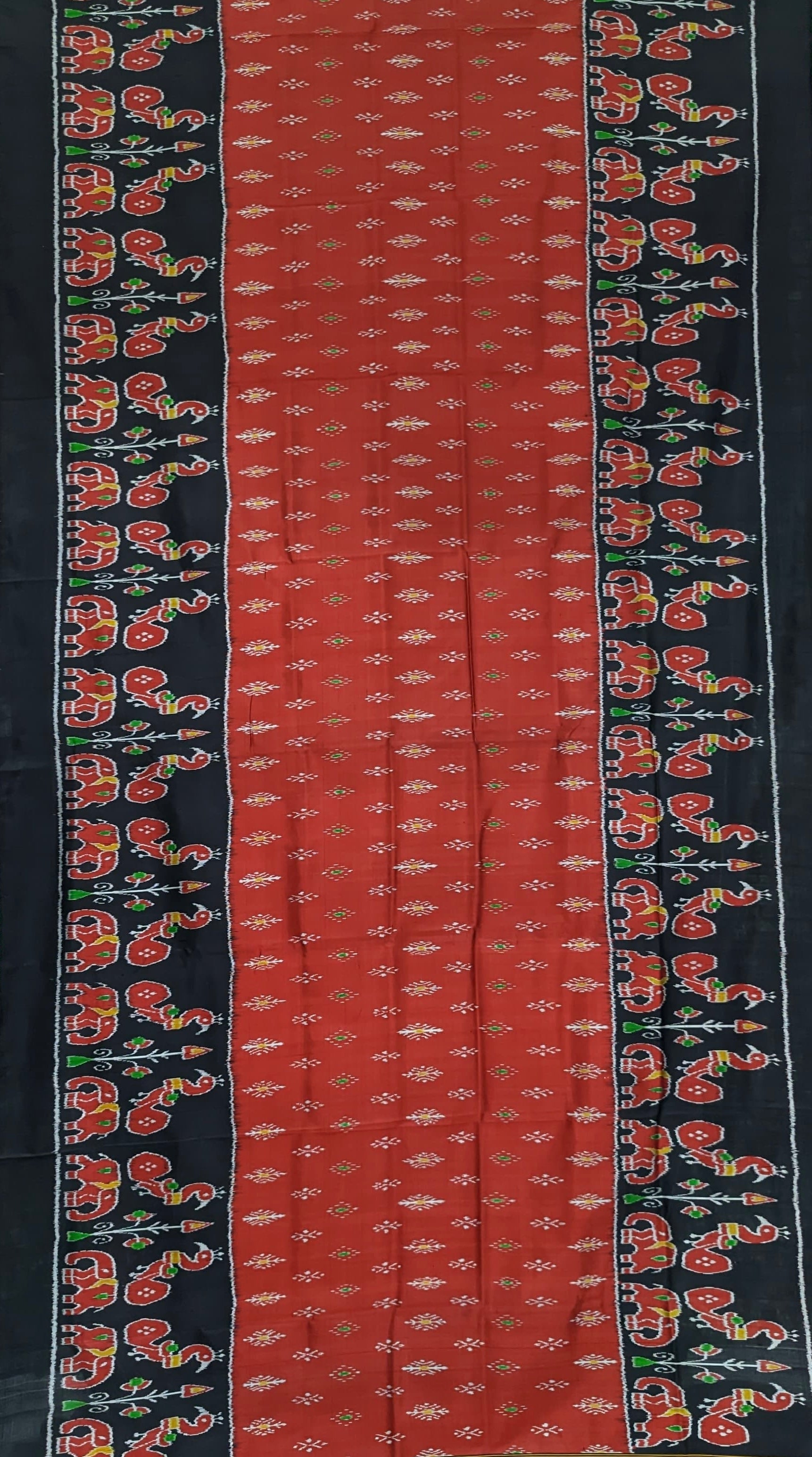 Red Black Elephant Theme Odisha Ikat Khandua Silk Saree