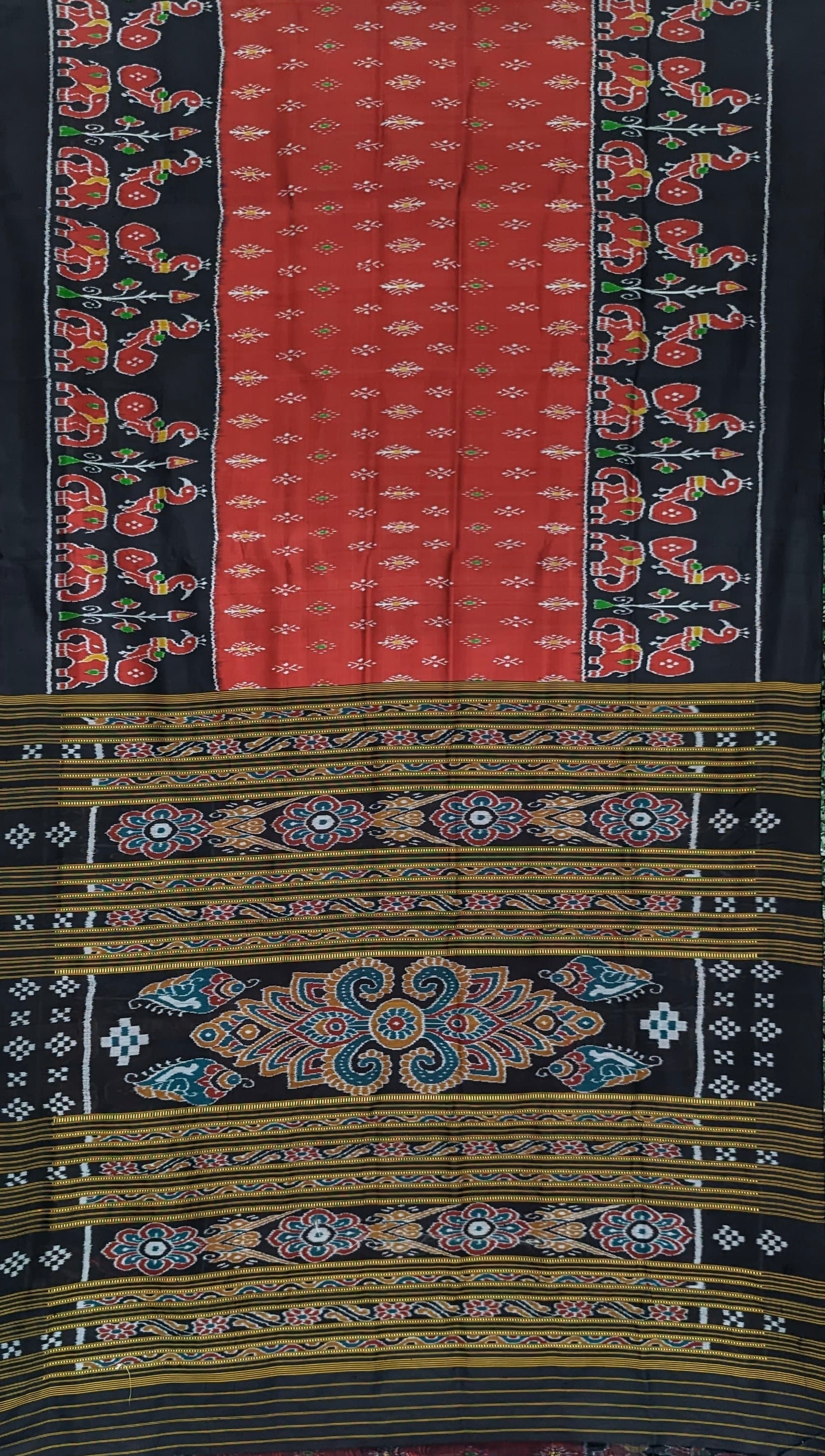 Red Black Elephant Theme Odisha Ikat Khandua Silk Saree