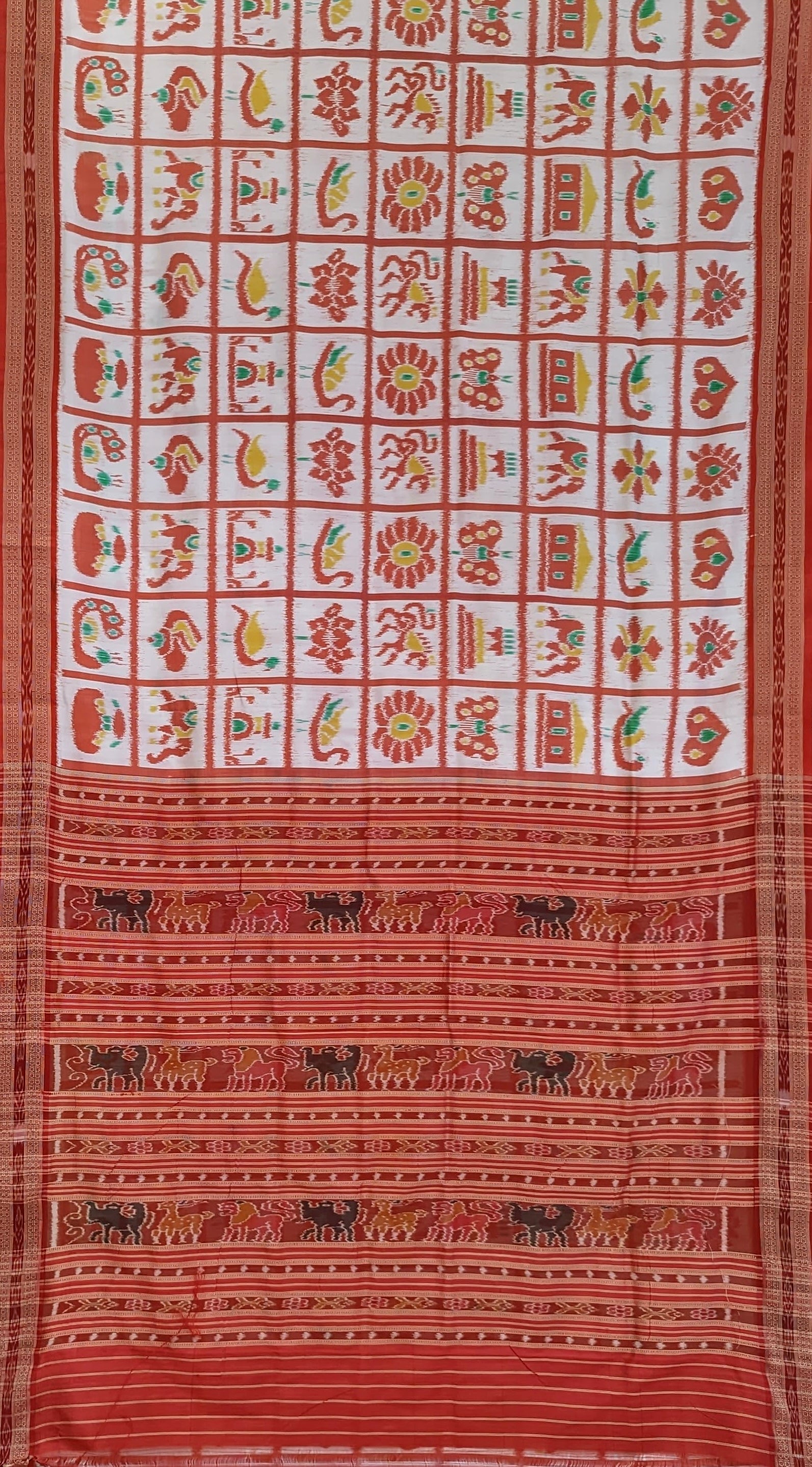 White Red Nabakothi Theme Odisha Ikat Khandua Silk Saree