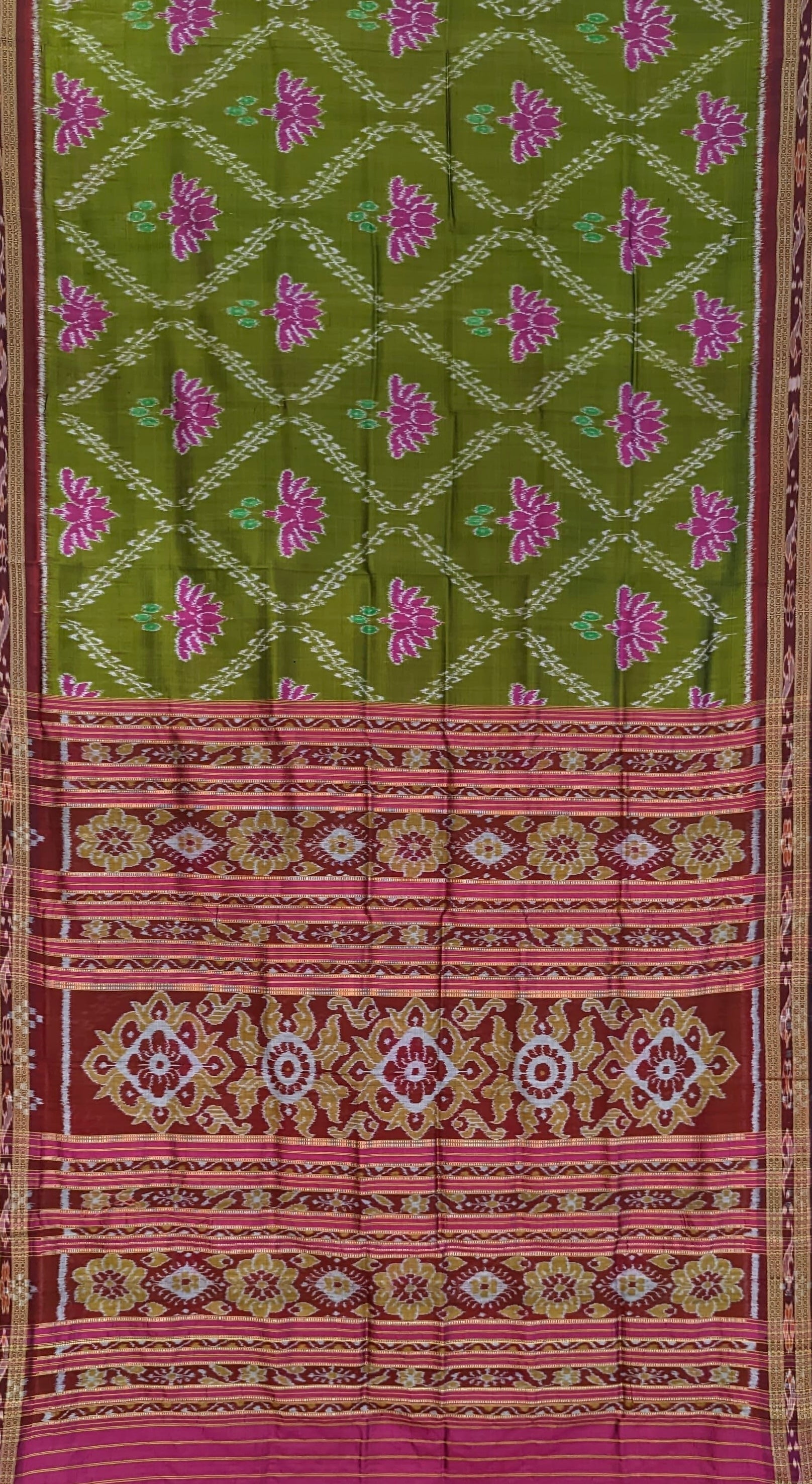 Moss Green Flower Motif Odisha Ikat Khandua Silk Saree