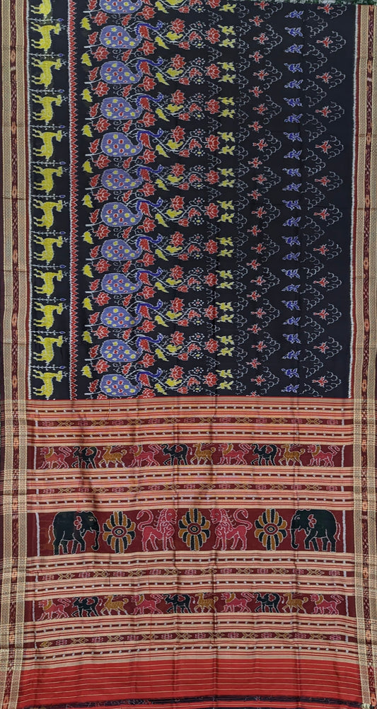 Black Deer And Peacock Odisha Ikat Khandua Silk Saree