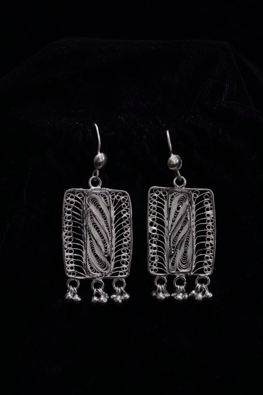 Rectangular Silver Filigree With Beads Earring