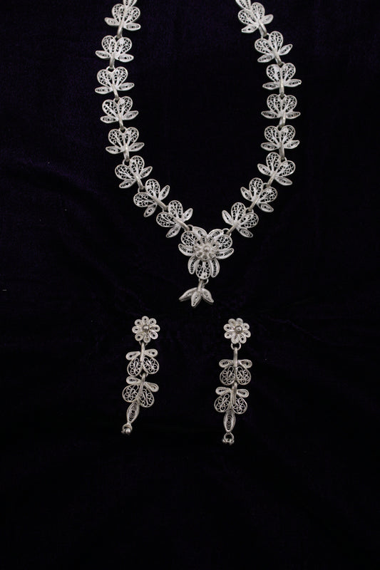 Pure Silver Filigree Necklace With Earrings Set