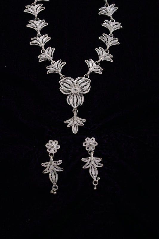 Pure Silver Filigree Necklace With Earring Set