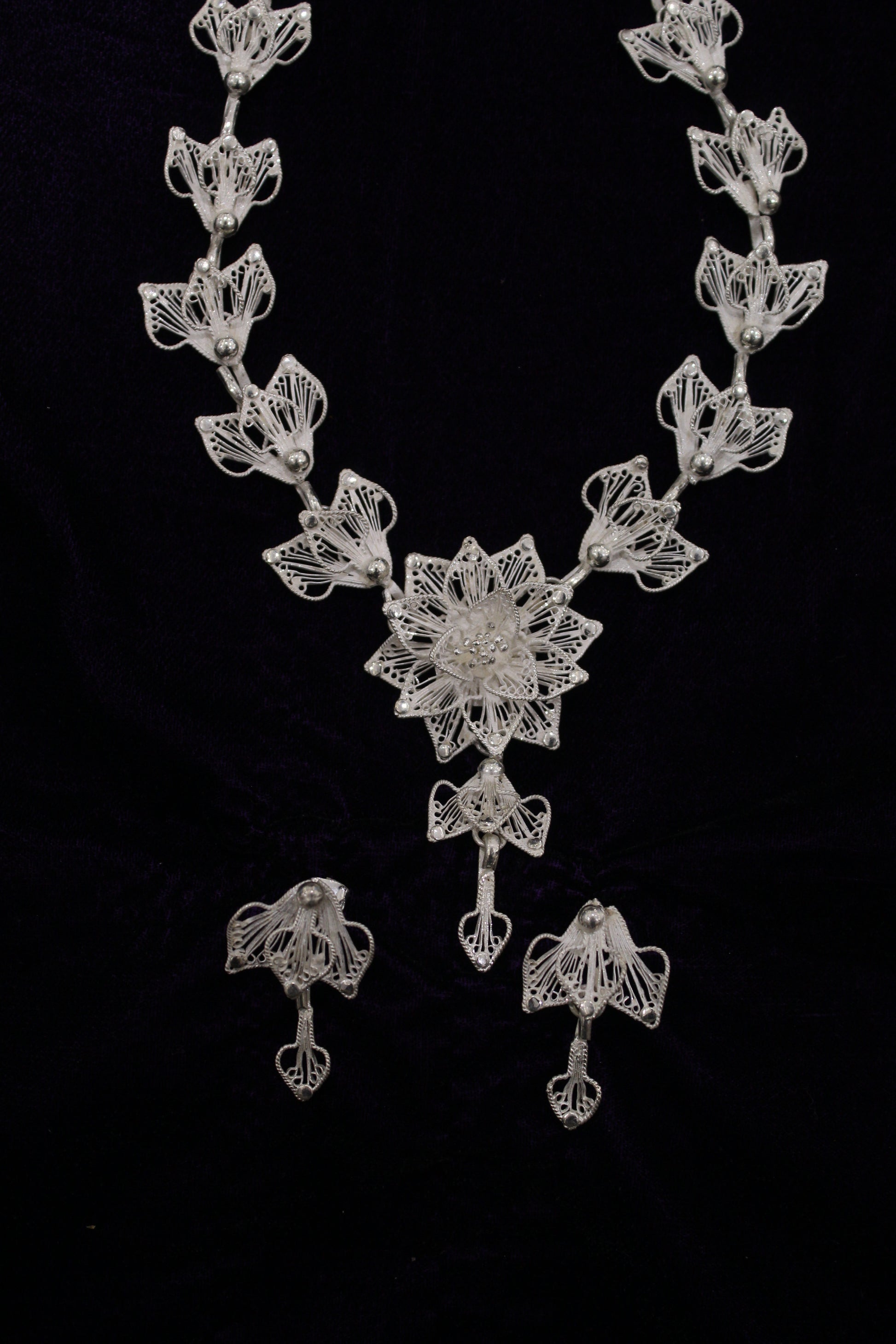 Exclusive Floral Silver Filigree Necklace With Earring Set