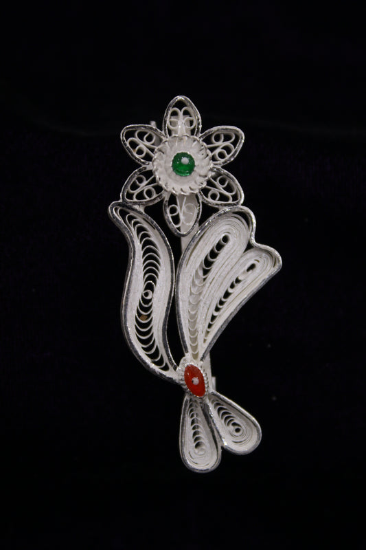 Flower Designer Silver Filigree Saree Pin