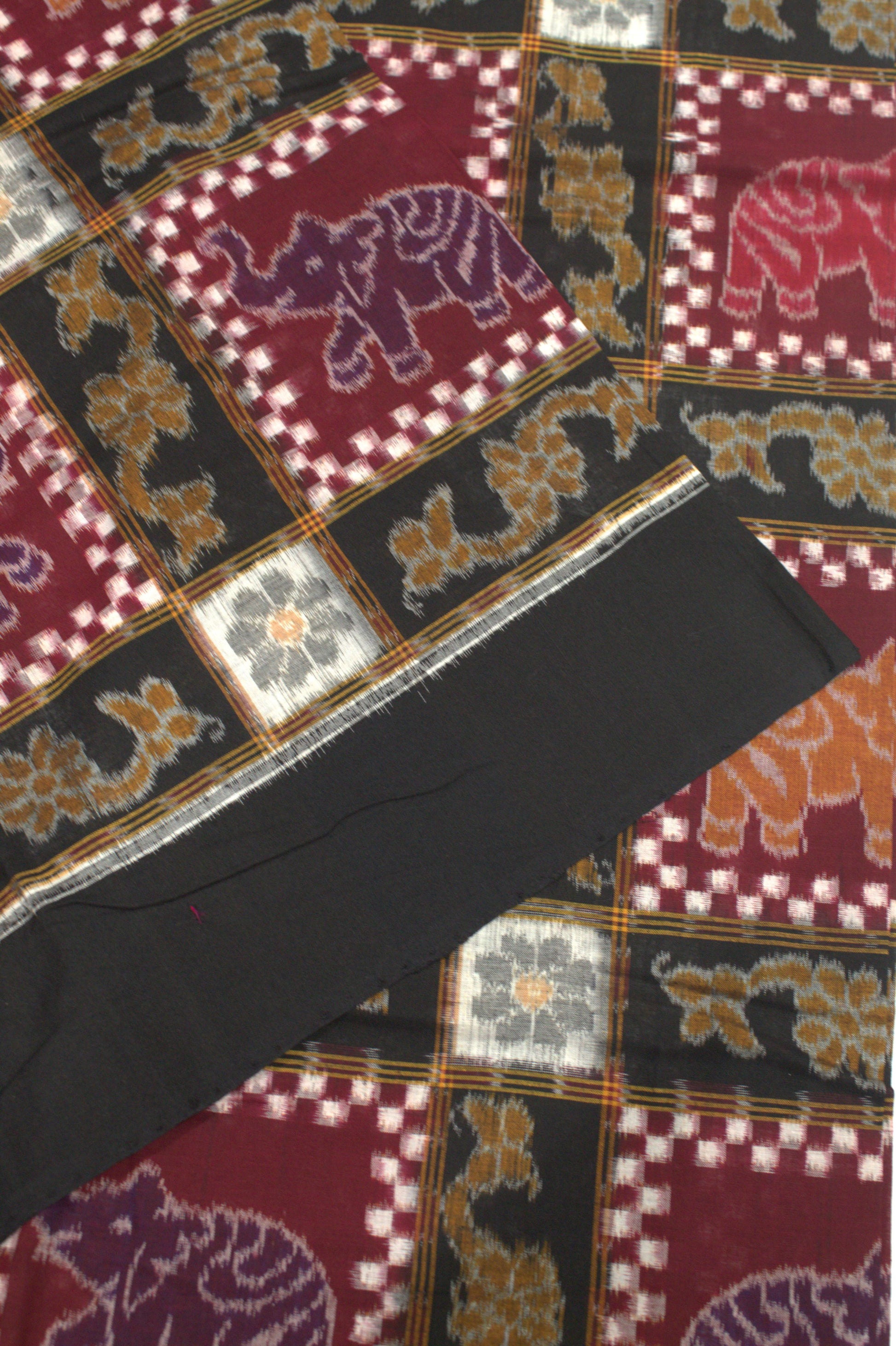 Black & Maroon Elephant Print Sambalpuri Ikat Cotton Fabric