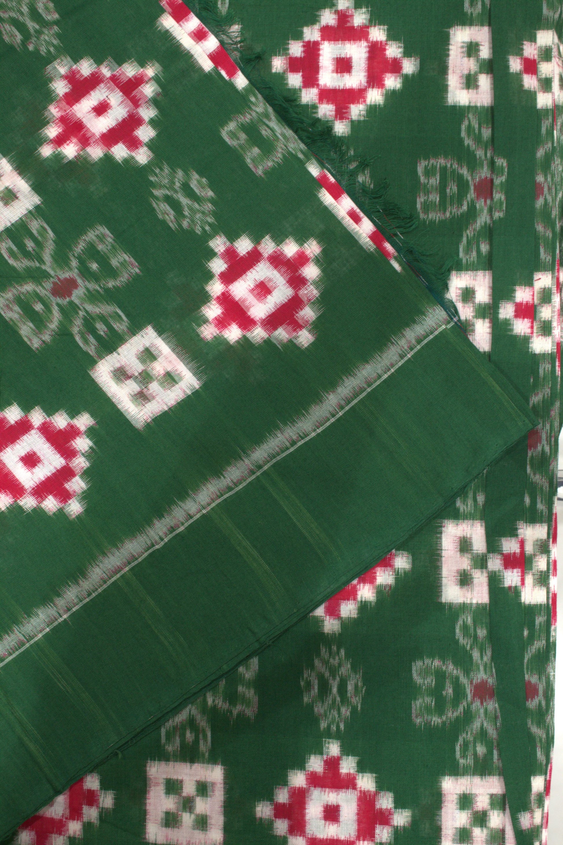 Dark Green With Red Pasapalli Theme Sambalpuri Cotton Fabric