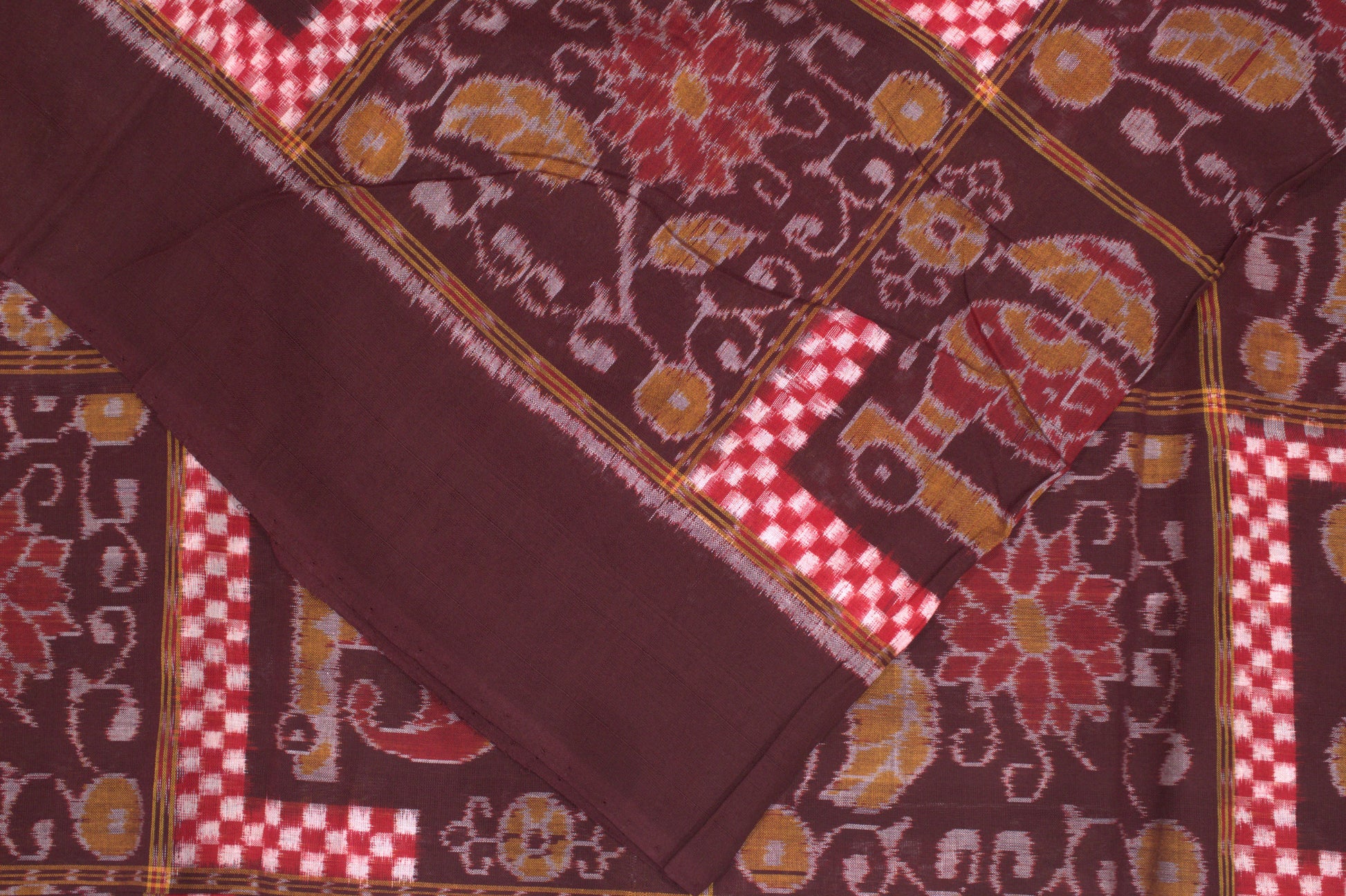 Rust Maroon Floral Motif Sambalpuri Ikat Cotton Fabric