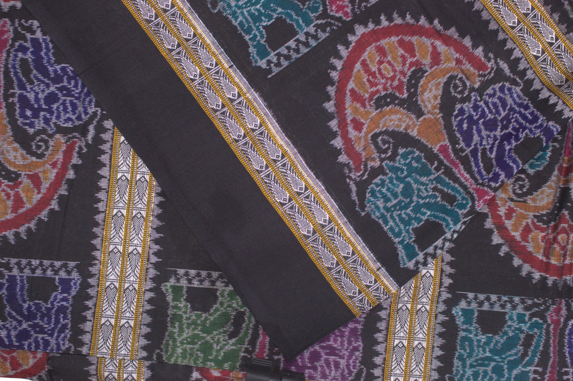 Black Elephant Design With Fish Motif Sambalpuri Ikat Cotton Fabric