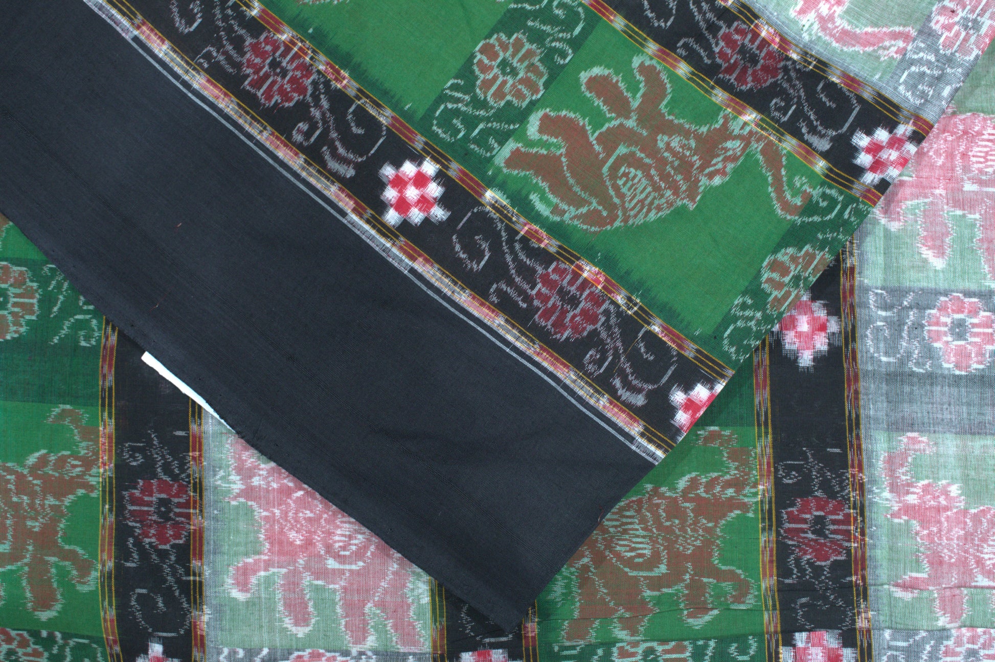 Green With Black Stripe Elephant Design Sambalpuri Ikat Cotton Fabric