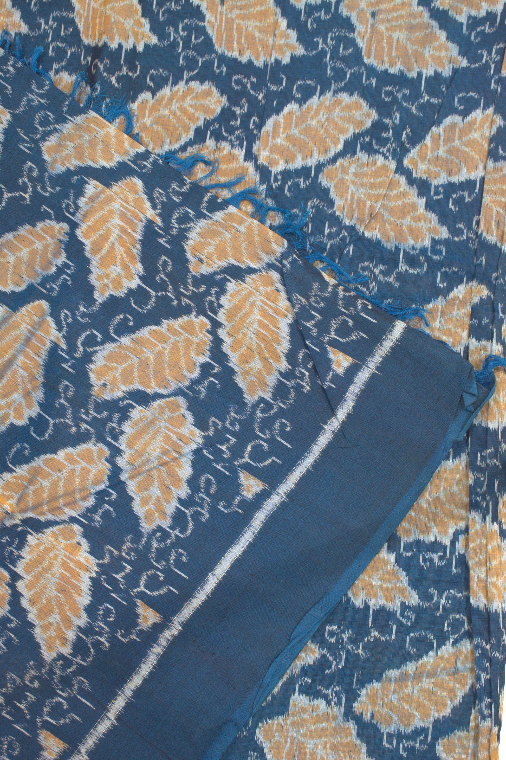 Sky Blue Leaf Design Sambalpuri Ikat Cotton Fabric