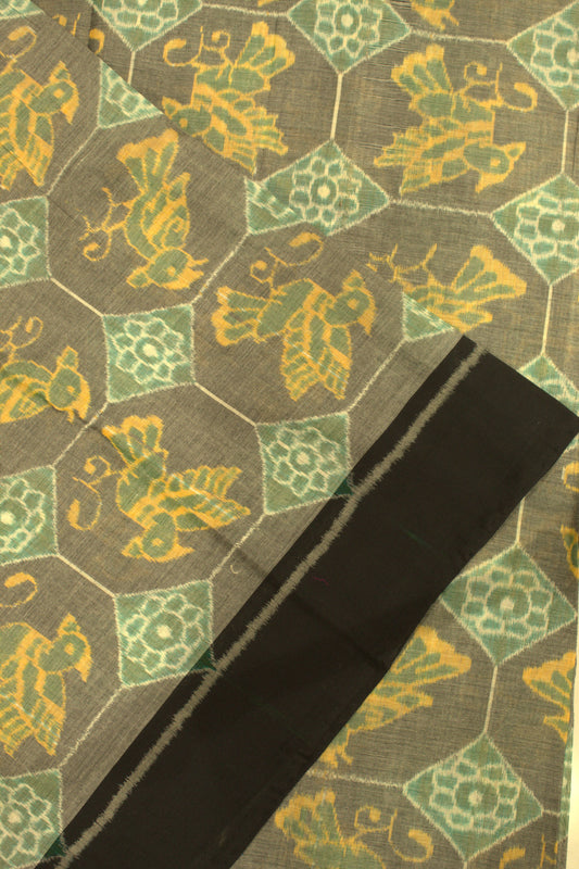 Green Yellow Bird Design Sambalpuri Ikat Cotton Fabric