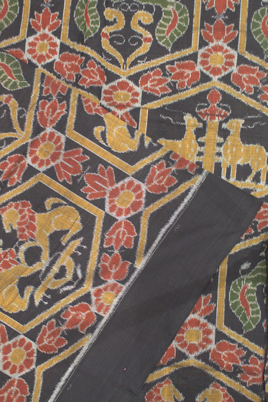 Black Yellow Deer Design Sambalpuri Ikat Cotton Fabric