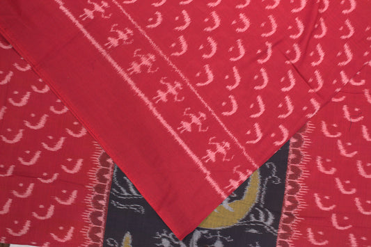 Black Red Half Moon Tribal Theme Sambalpuri Ikat Cotton Fabric