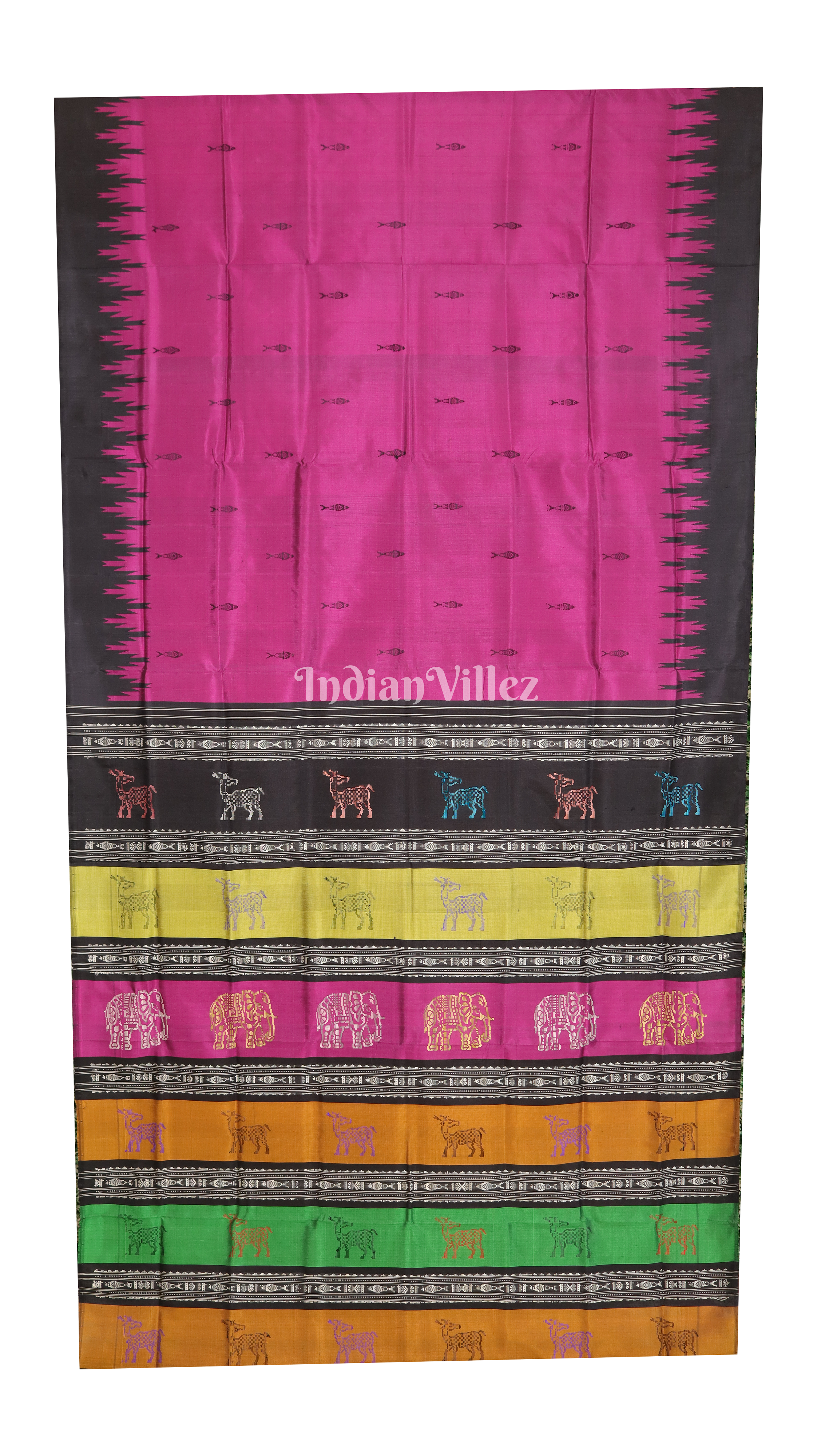 Magenta with Multicolor Double Pallu Phoda Kumbha Fish Motif Berhampuri Silk Saree