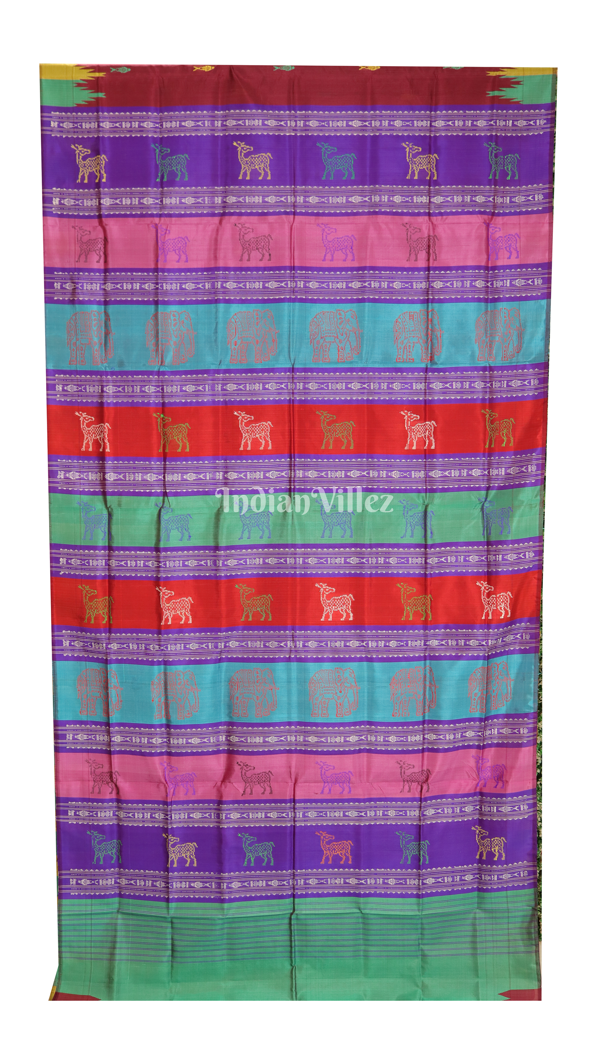 Maroon with Multicolor Double Pallu Phoda Kumbha Fish Motif Berhampuri Silk Saree