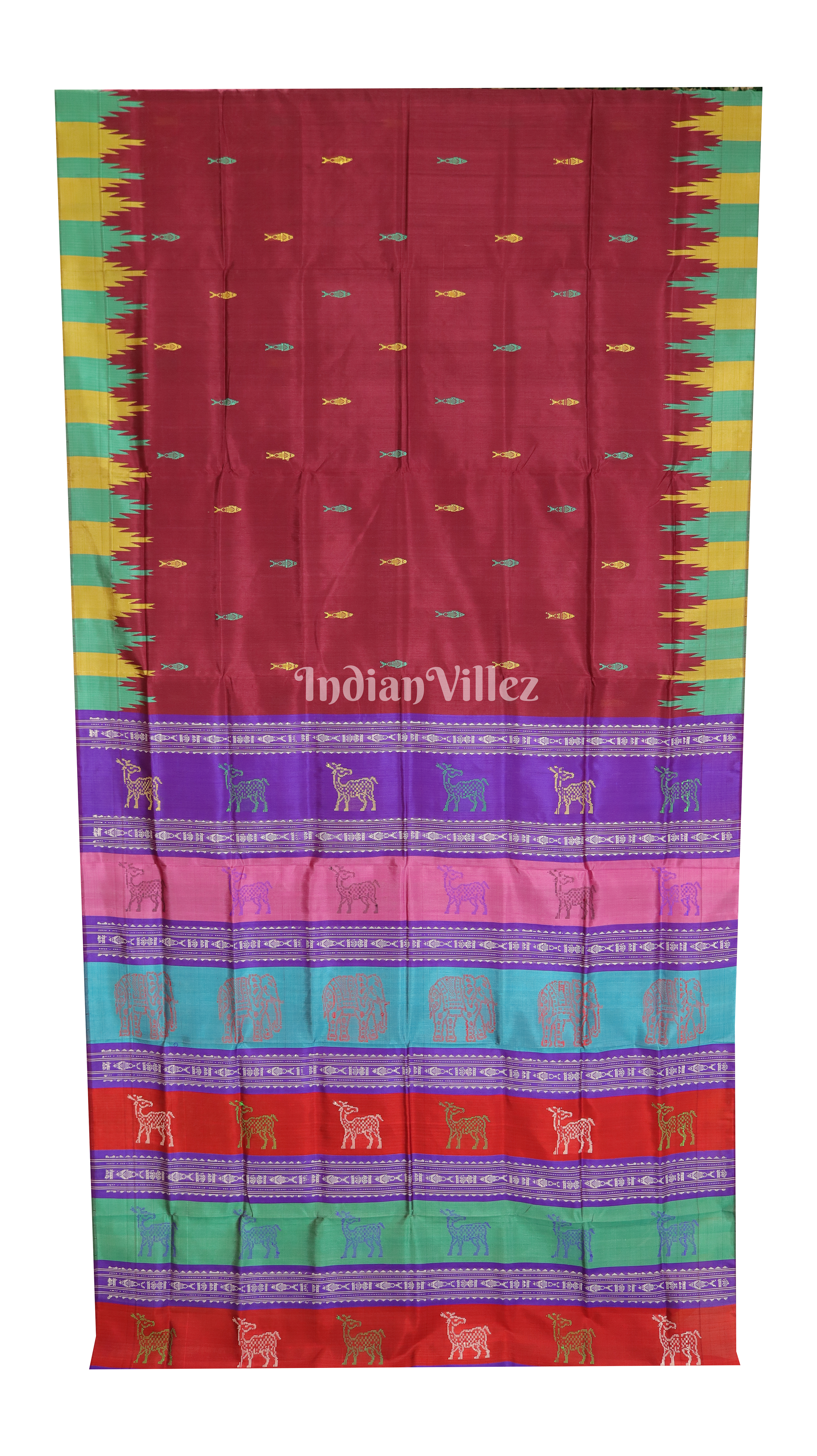 Maroon with Multicolor Double Pallu Phoda Kumbha Fish Motif Berhampuri Silk Saree