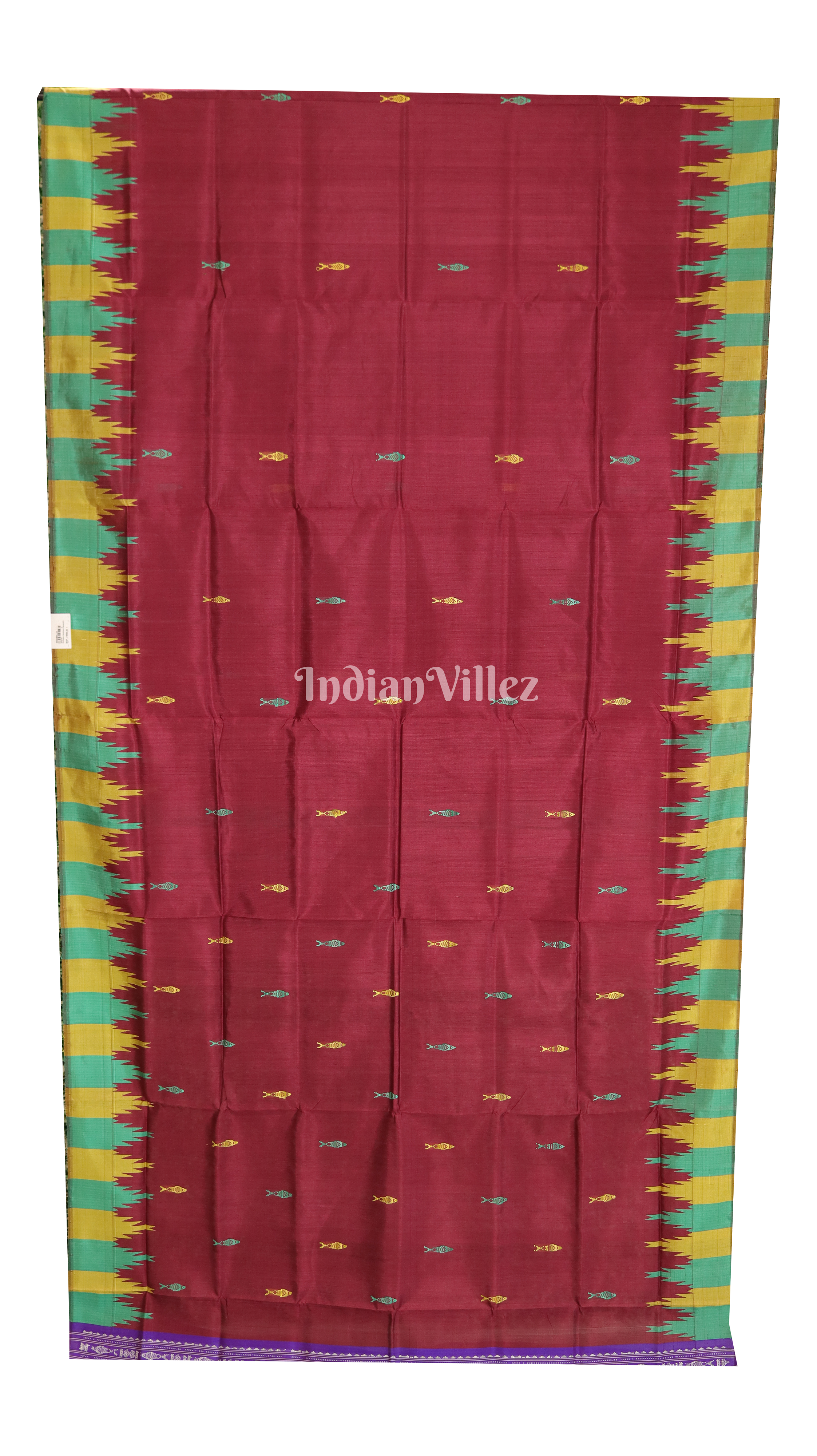 Maroon with Multicolor Double Pallu Phoda Kumbha Fish Motif Berhampuri Silk Saree