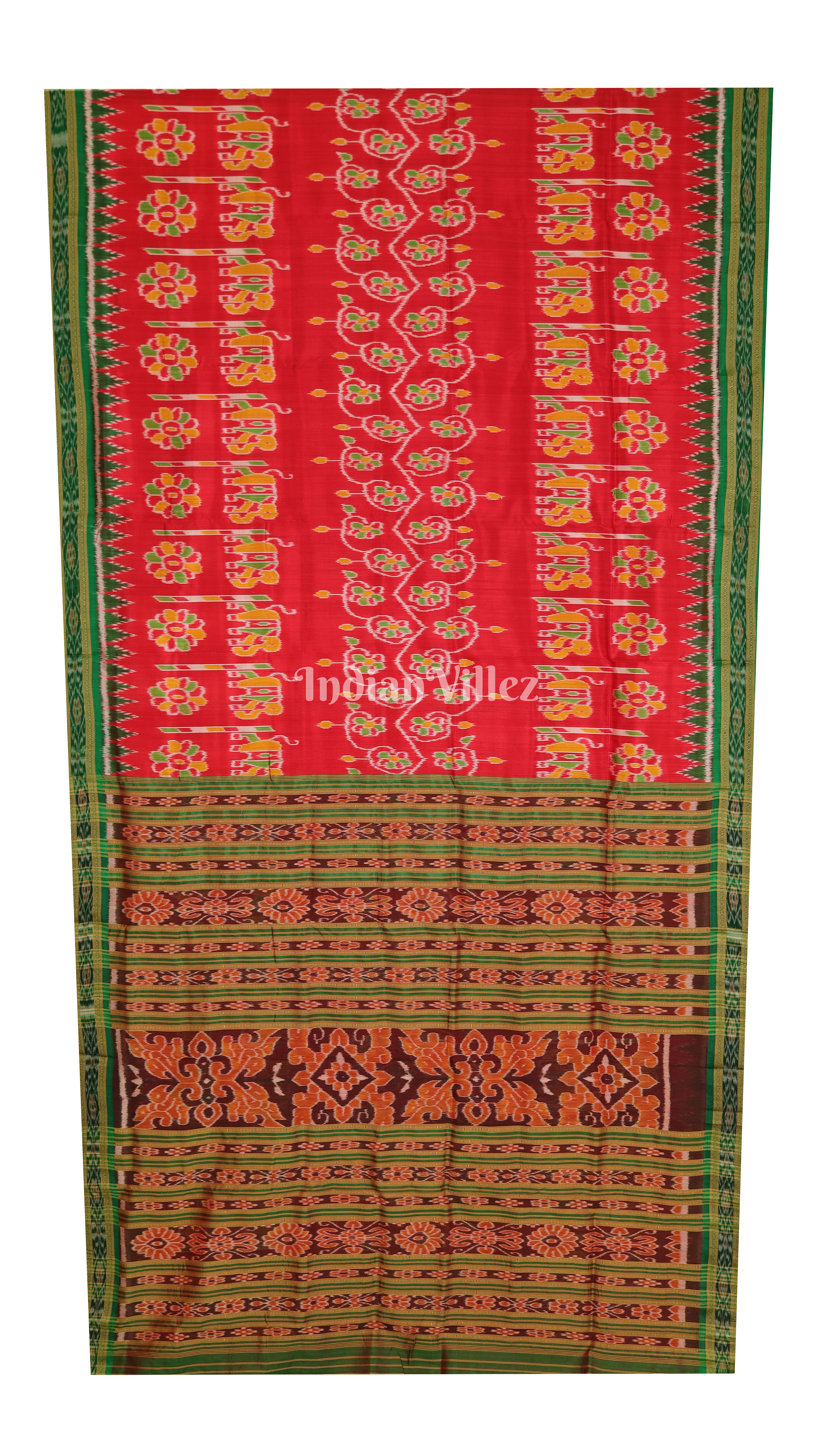 Red Elephant and Flower Design Odisha Ikat Khandua Silk Saree