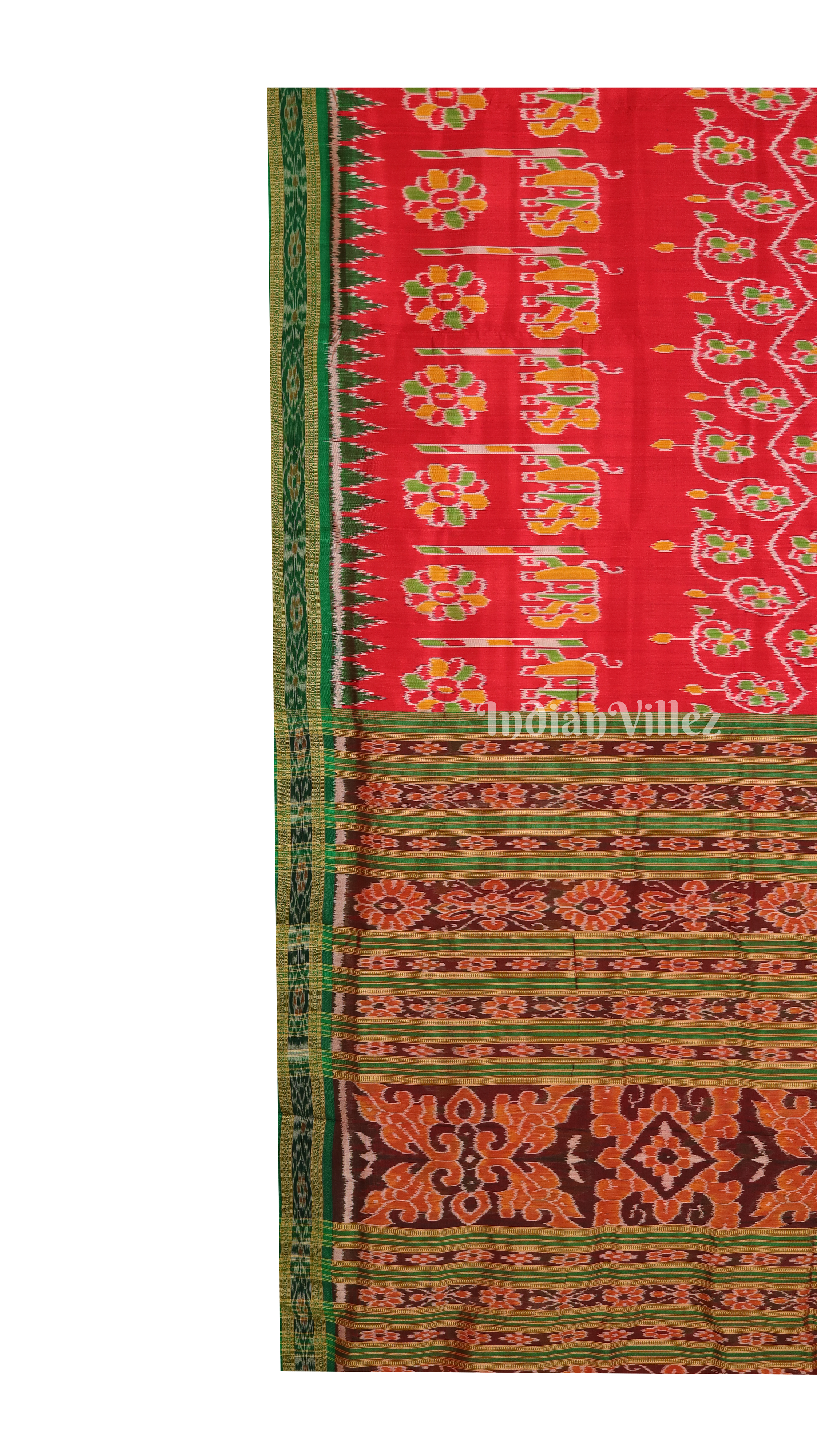 Red Elephant and Flower Design Odisha Ikat Khandua Silk Saree