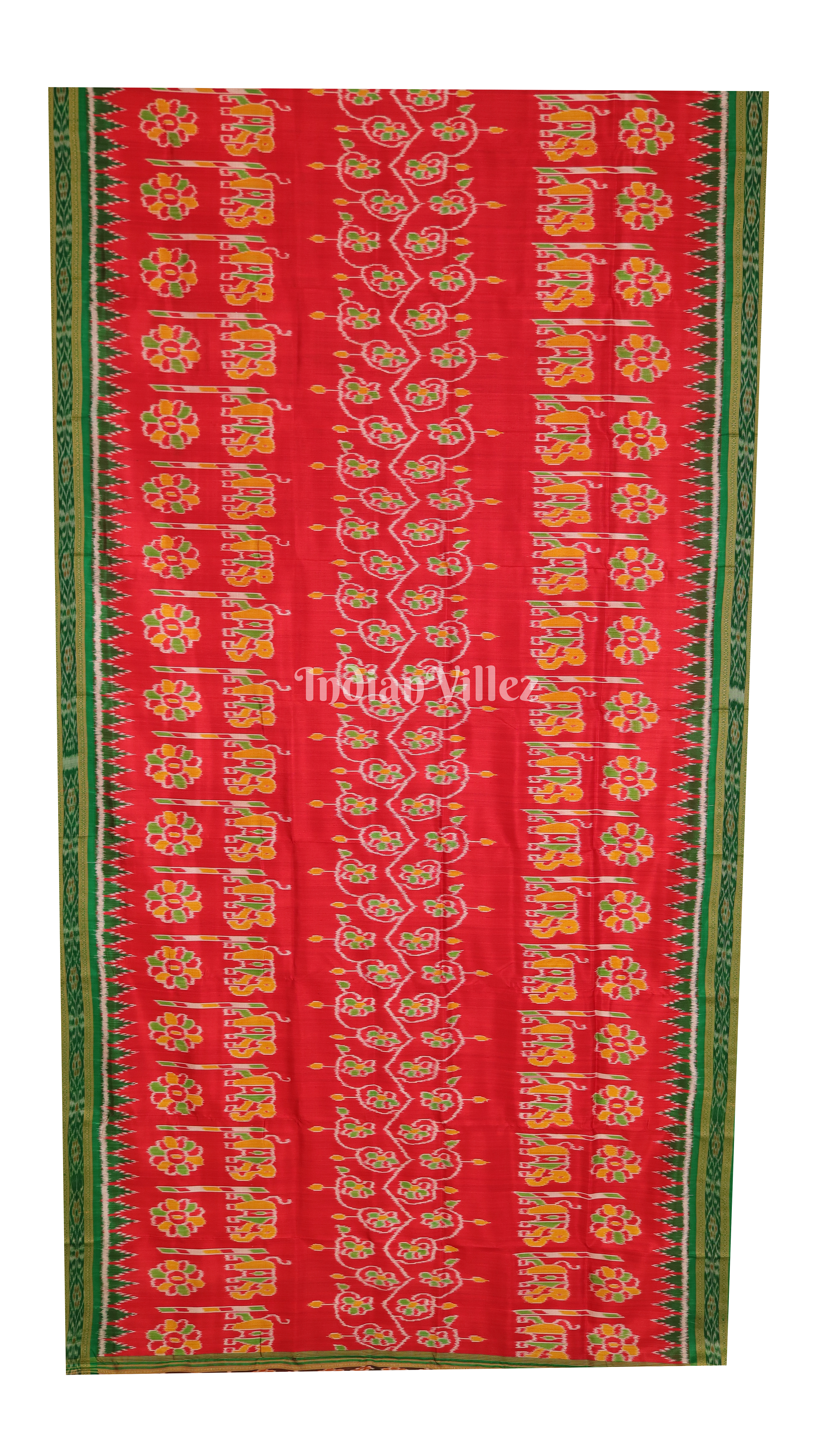 Red Elephant and Flower Design Odisha Ikat Khandua Silk Saree