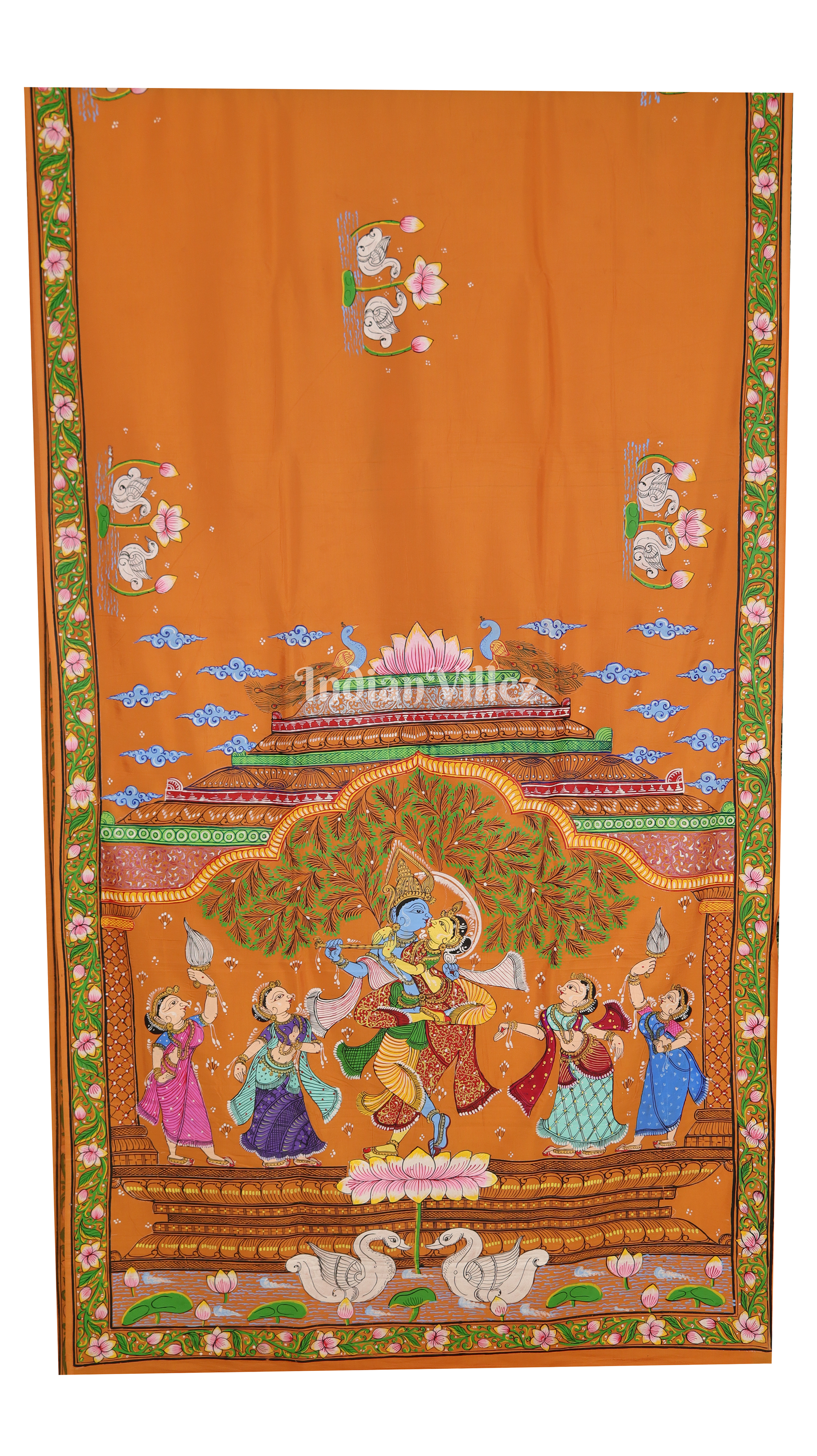 Neon Orange Radha Krishna Jugal Jodi Theme Pattachitra Khadi Silk Saree