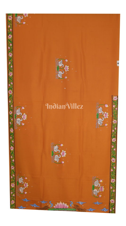 Neon Orange Radha Krishna Jugal Jodi Theme Pattachitra Khadi Silk Saree