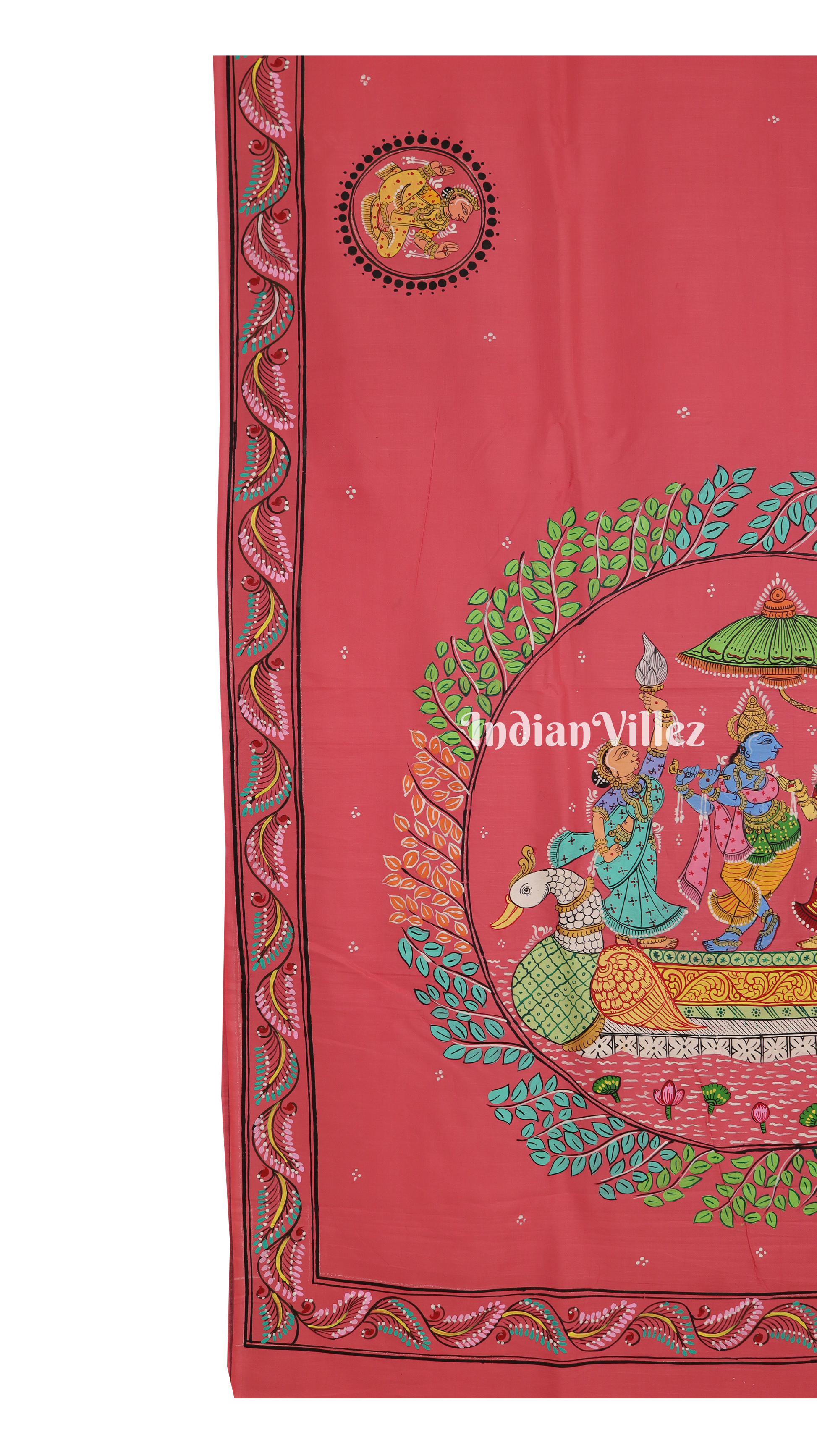 Pink Krishna Rasa Leela Boita Theme Pattachitra Khadi Silk Saree