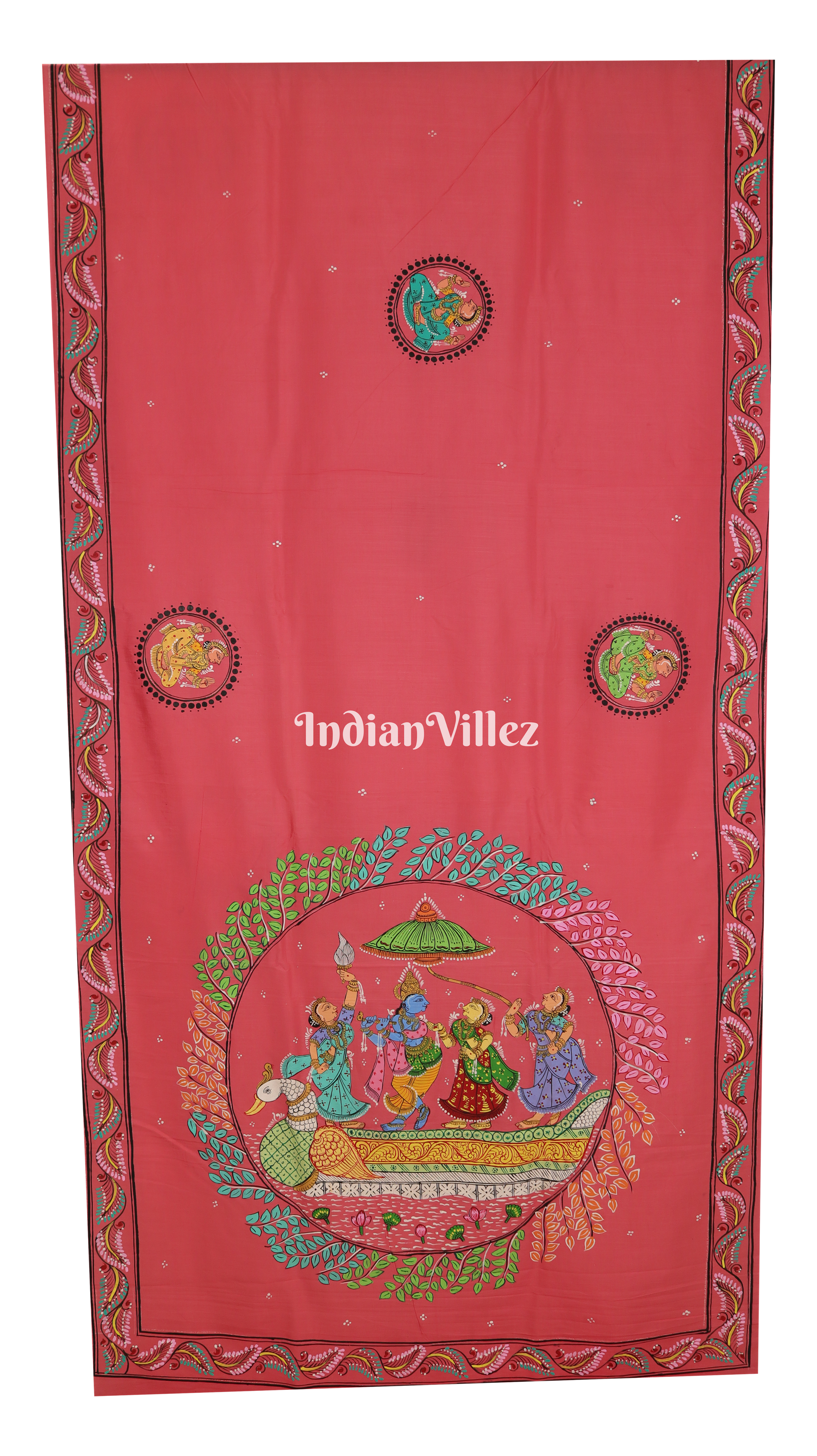 Pink Krishna Rasa Leela Boita Theme Pattachitra Khadi Silk Saree