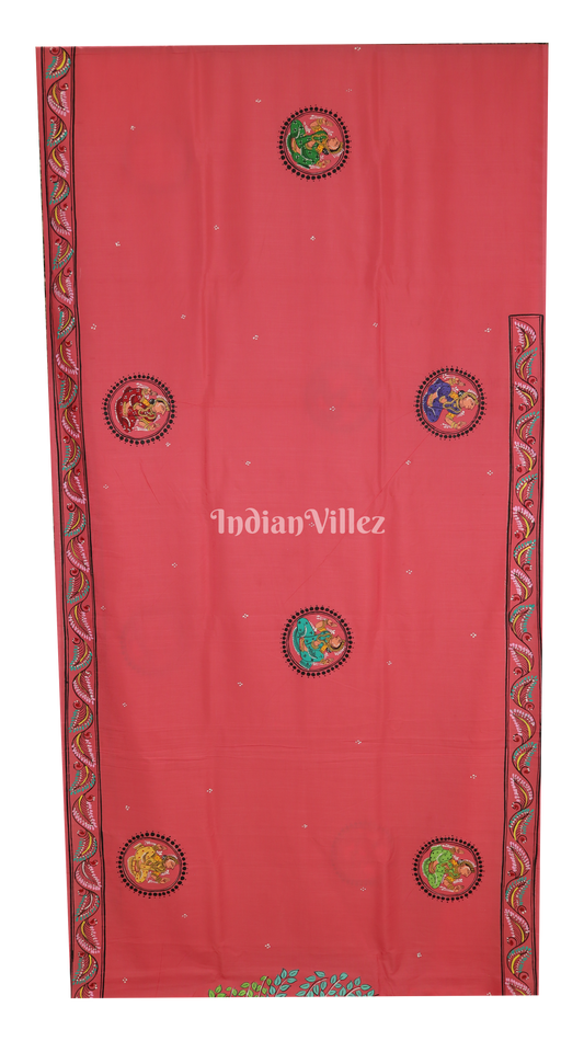 Pink Krishna Rasa Leela Boita Theme Pattachitra Khadi Silk Saree