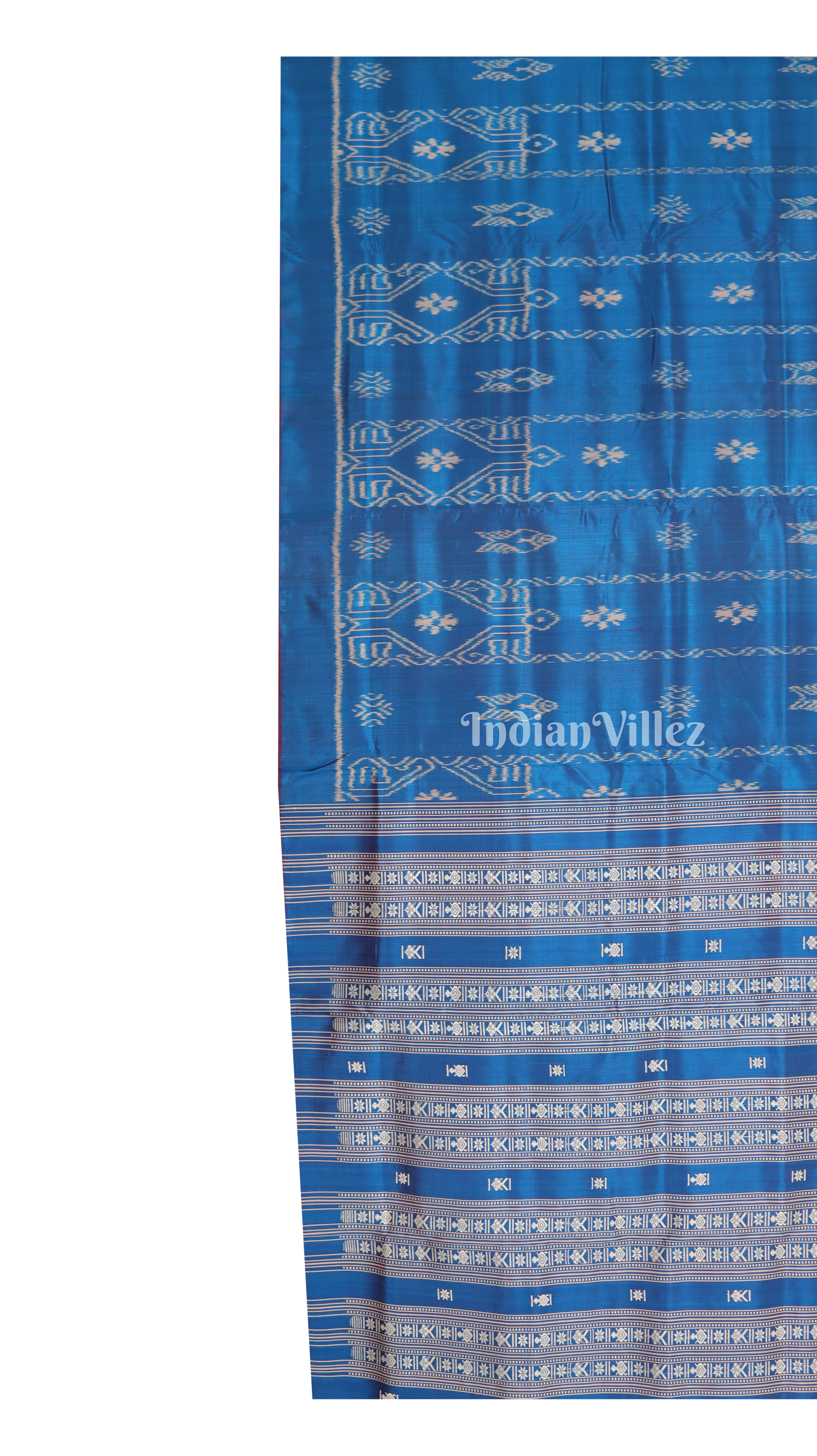 Peacock Blue Fish & Flower Motif Contemporary Silk Saree