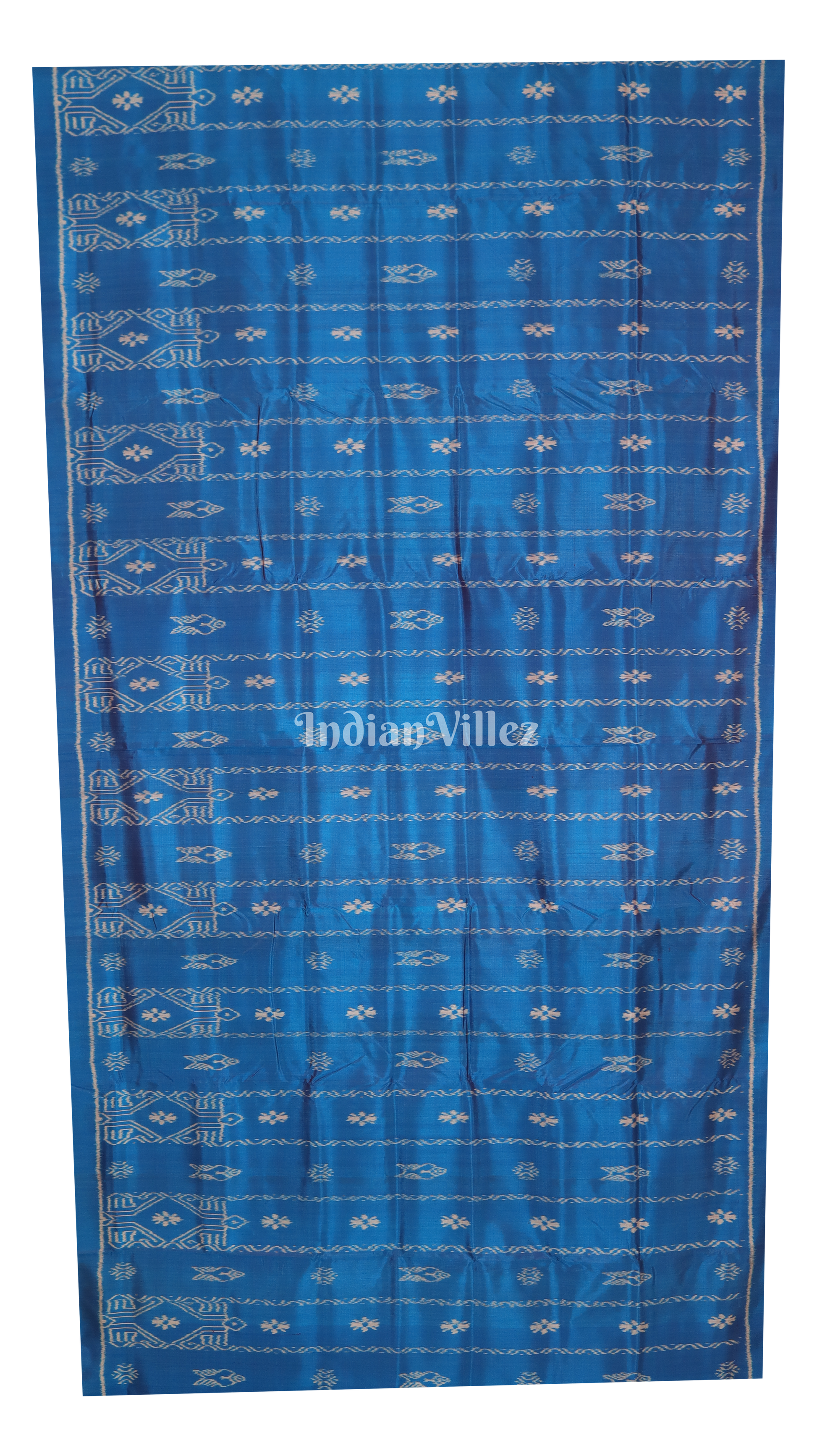 Peacock Blue Fish & Flower Motif Contemporary Silk Saree