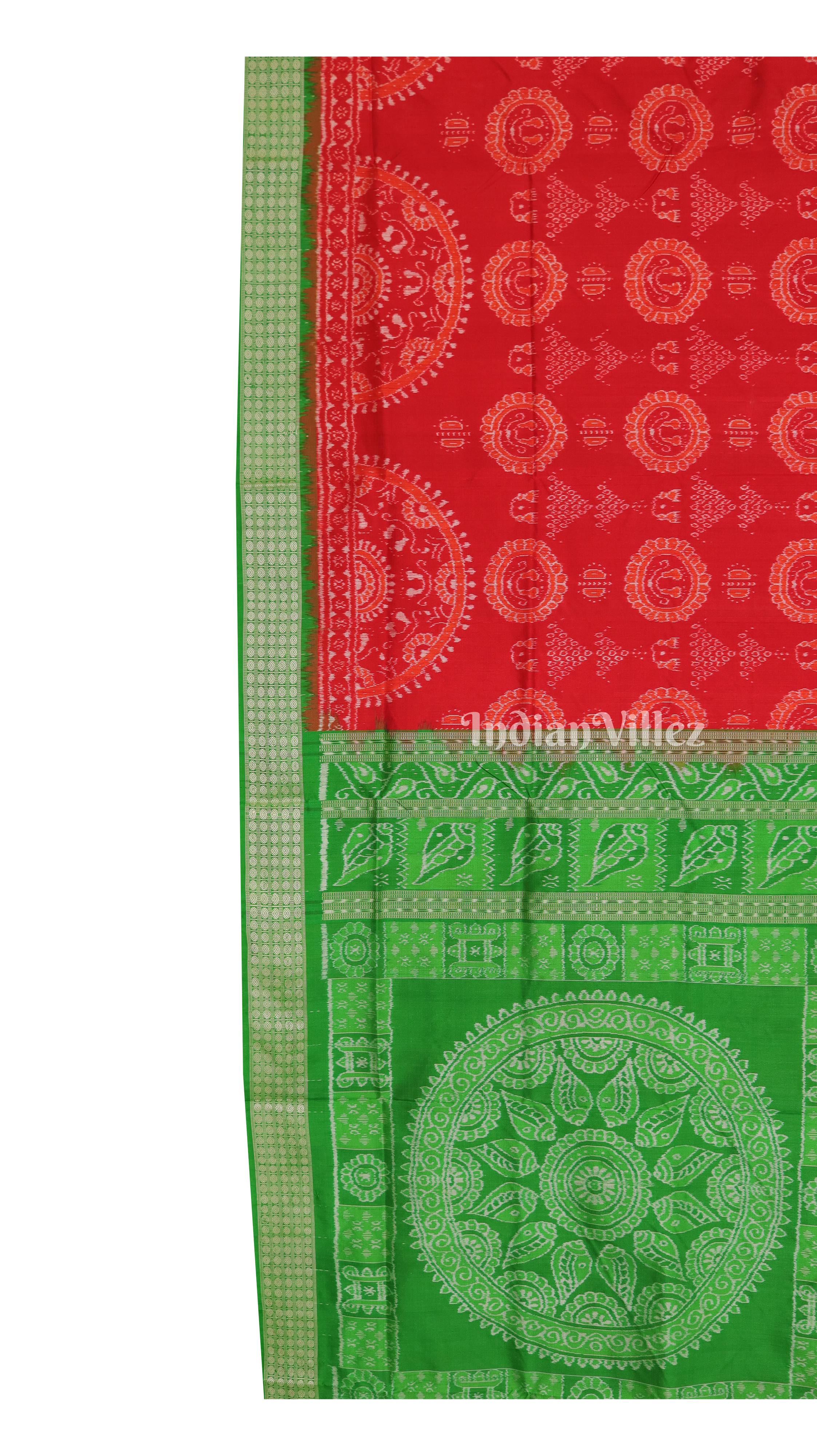 Red Green Laxmi Pada & Shankha Theme Sambalpuri SIlk Saree