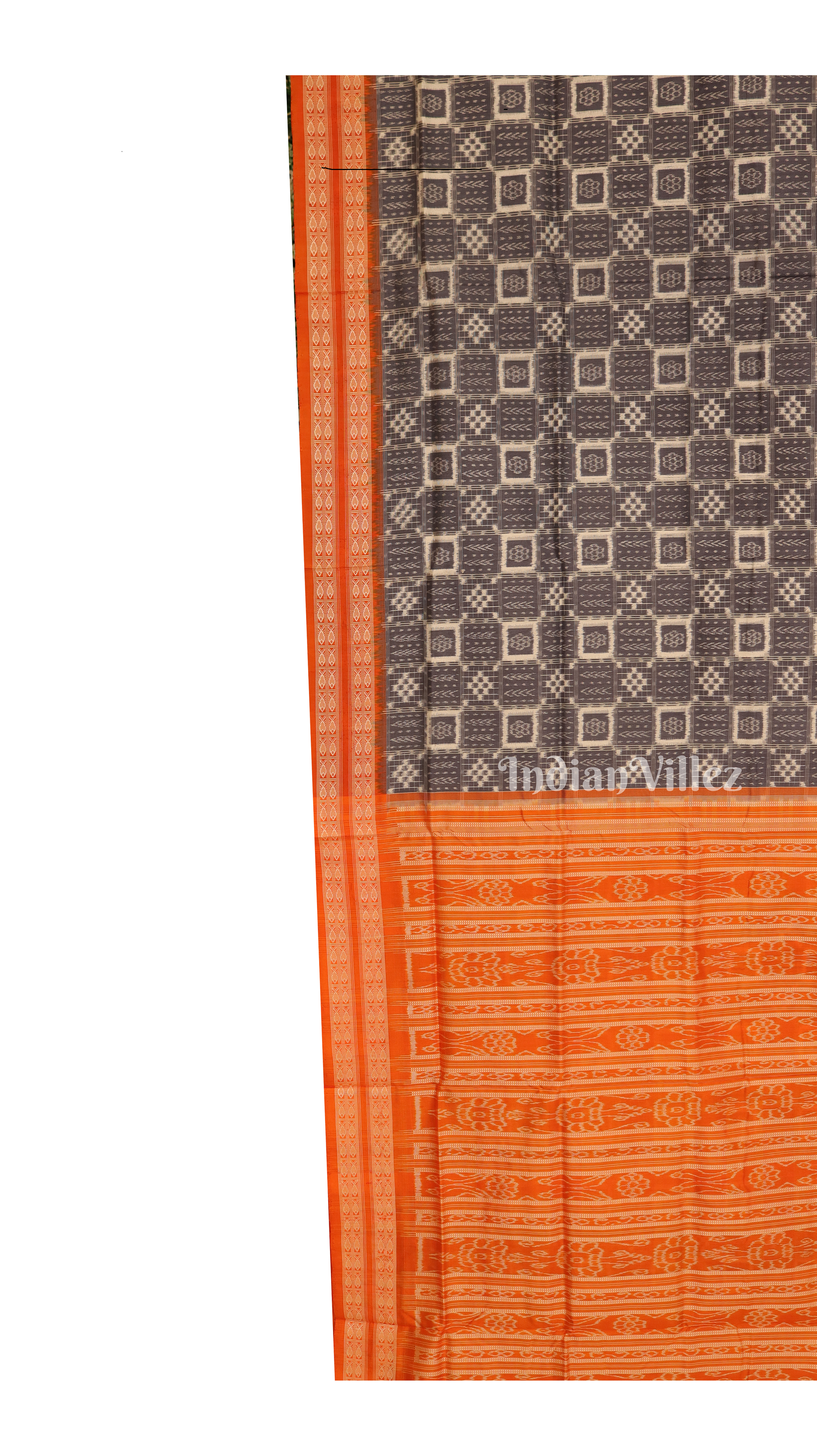 Iron Grey With Fish Motif Border Pure Sambalpuri Silk Saree