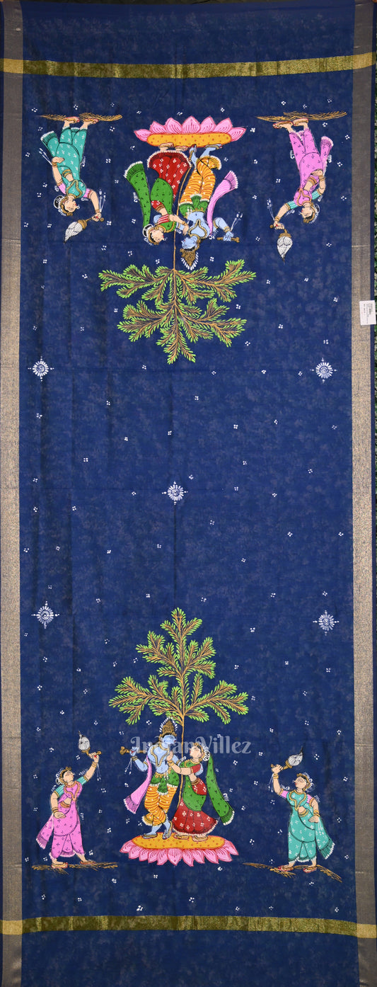 Royal Blue Radha Krishna Hand-Painted  Pattachitra Chanderi Dupatta