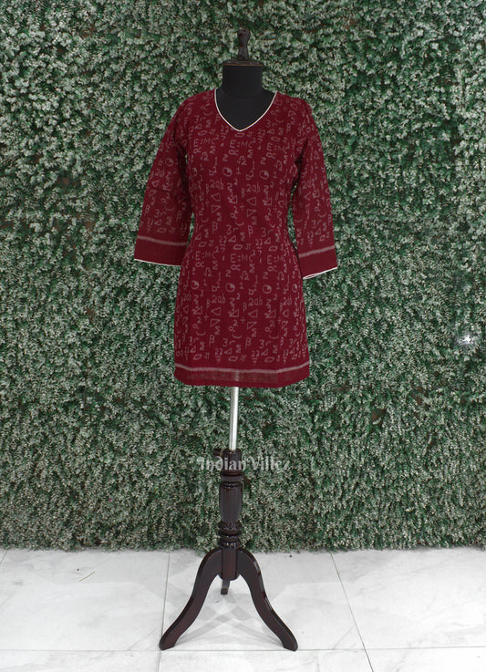 Maroon Geometric Shapes Sambalpuri Odisha Ikat Designer Cotton Short Kurti for Women