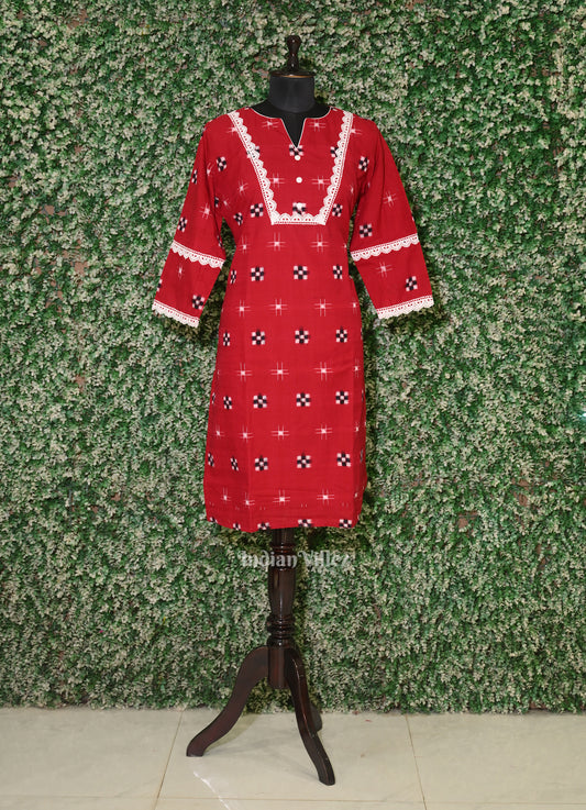 Red Pasapalli Odisha Ikat Designer Cotton Kurti for Women