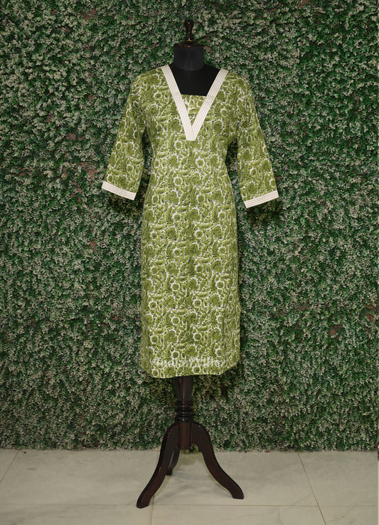 Green Cotton Block Printed Kurti for Women