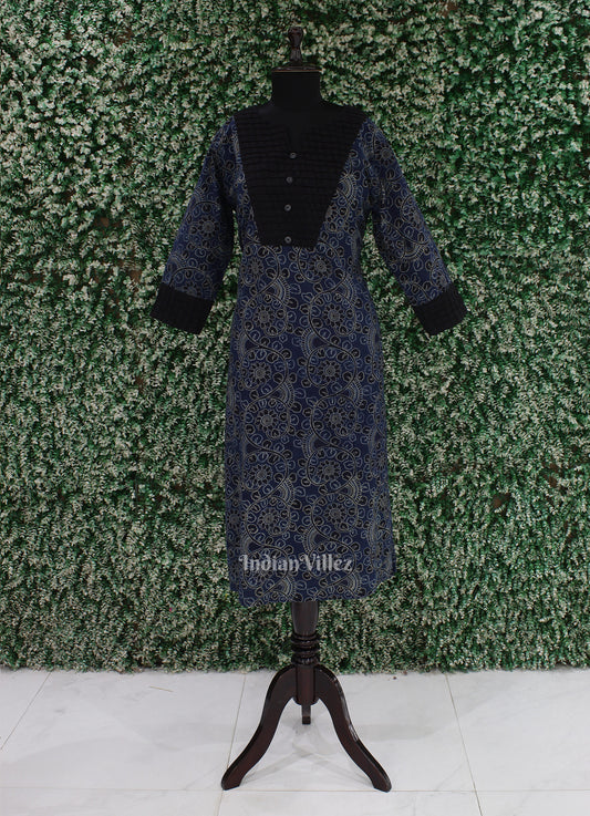 Navy Blue Cotton Block Printed Kurti for Women