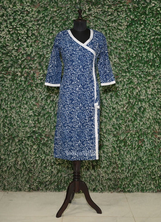 Navy Blue Block Printed Cotton Kurti for Women