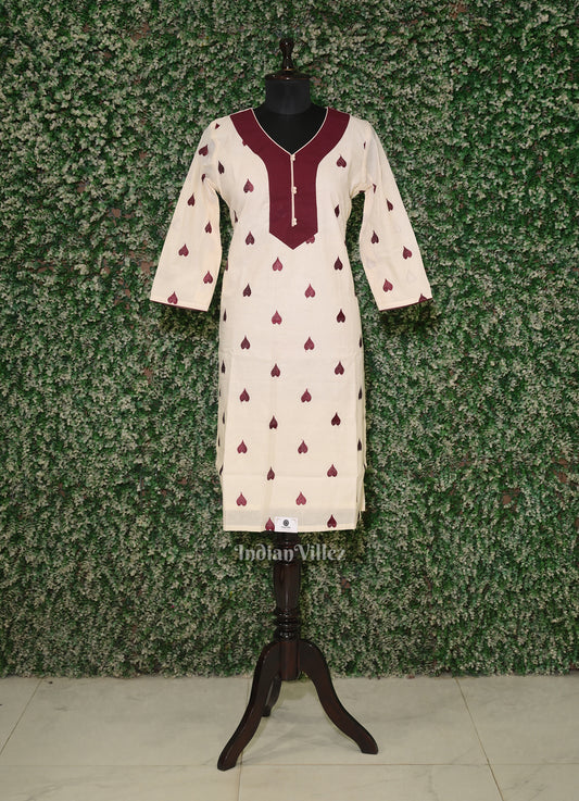 White Maroon Heart Motif Kurti for Women