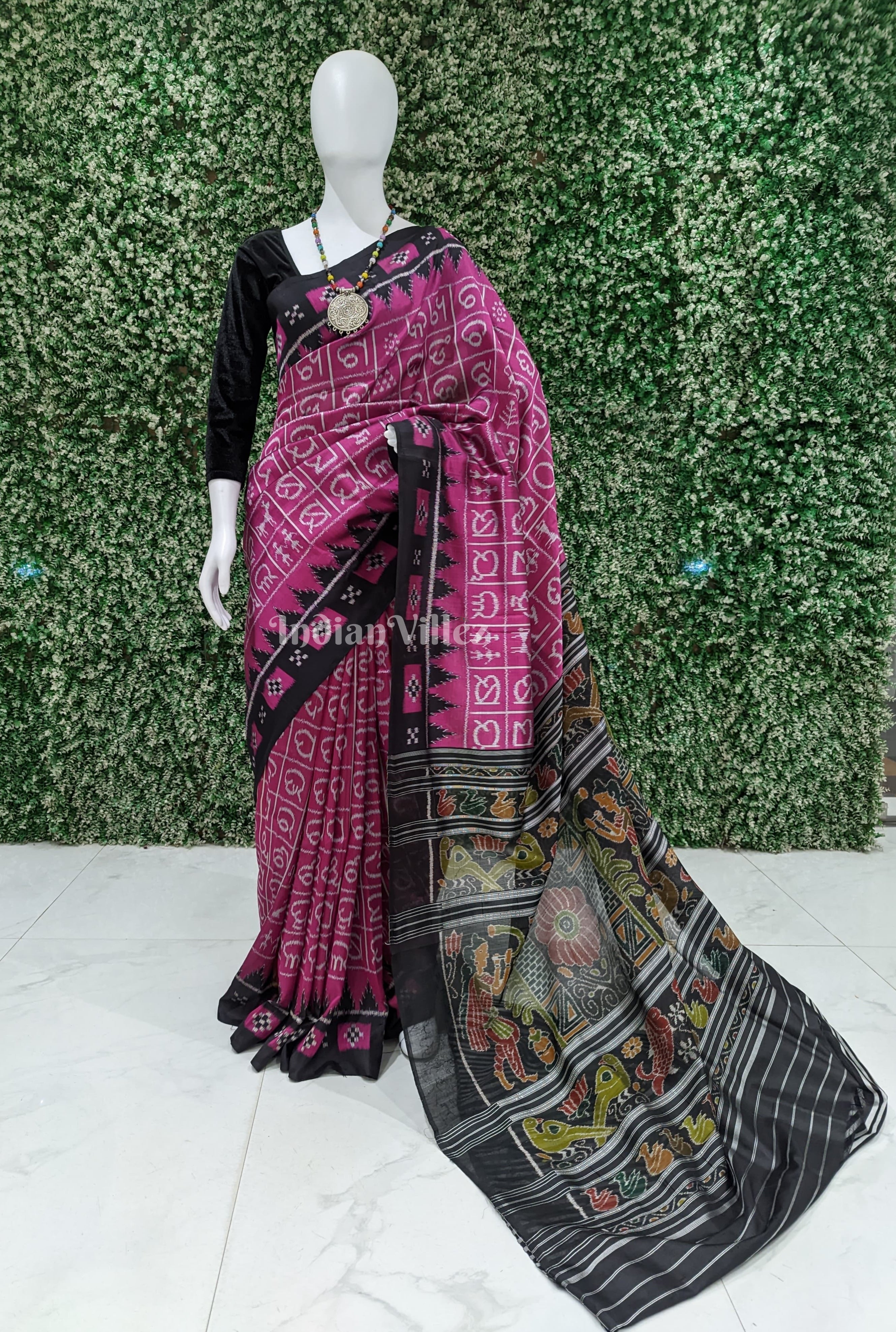 Rani Pink Odia Varnamala Contemporary Silk Saree with Pasapali Border